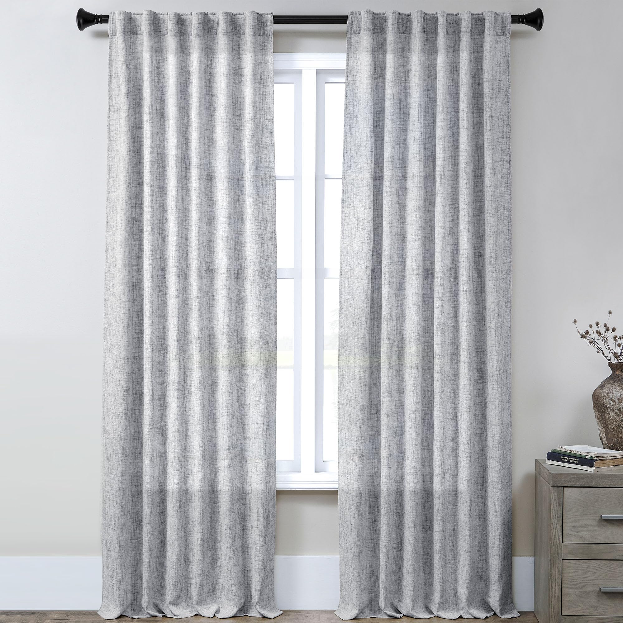 Grey Linen Back Tab Curtains 108 Inches Long 2 Panels for Living Room Light Filtering Extra Long Semi Sheer Gray Curtains 108 Inch Length Modern Neutral Large Window Drapes for Bedroom