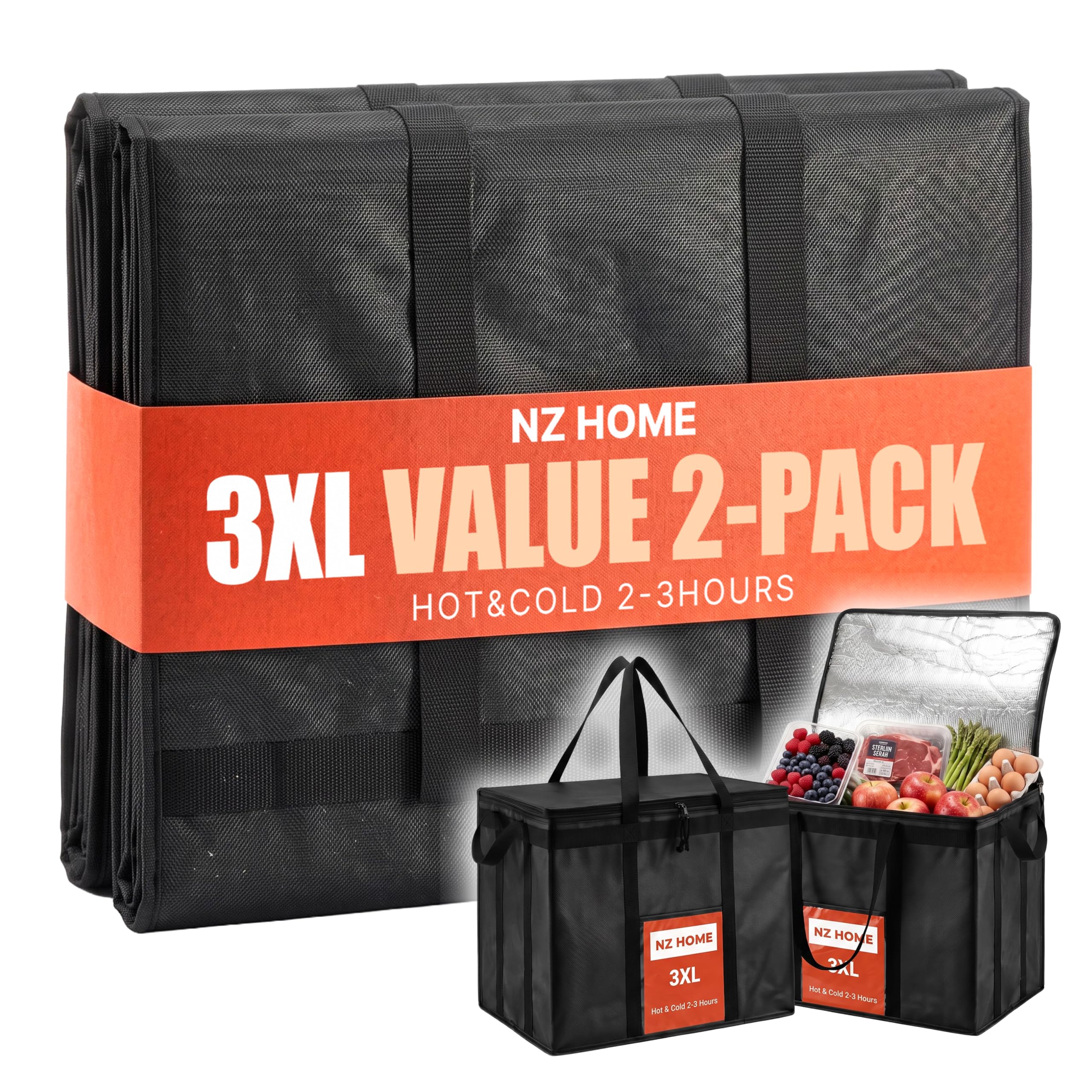 NZ home Insulated Food Bag, Portable Cooler Tote (3XL, Black, 2 Pack)
