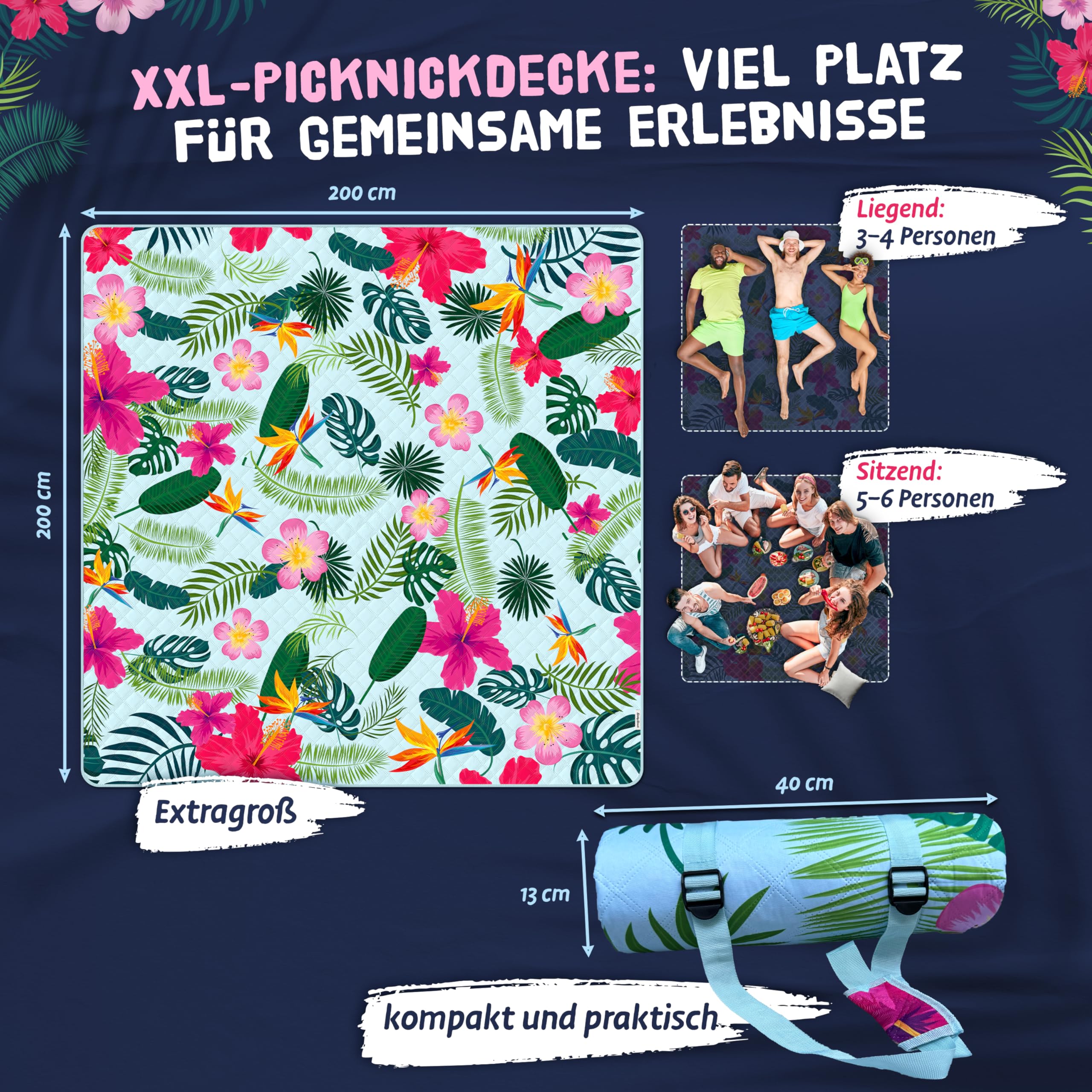 Bobby Beach Picknickdecke wasserabweisend | Stranddecke sandfrei Strandmatte gepolstert | Strandtuch XXL Camping Zubehör Picknickdecke 200x200 (Tropical, 200 x 200 cm, gerollt)