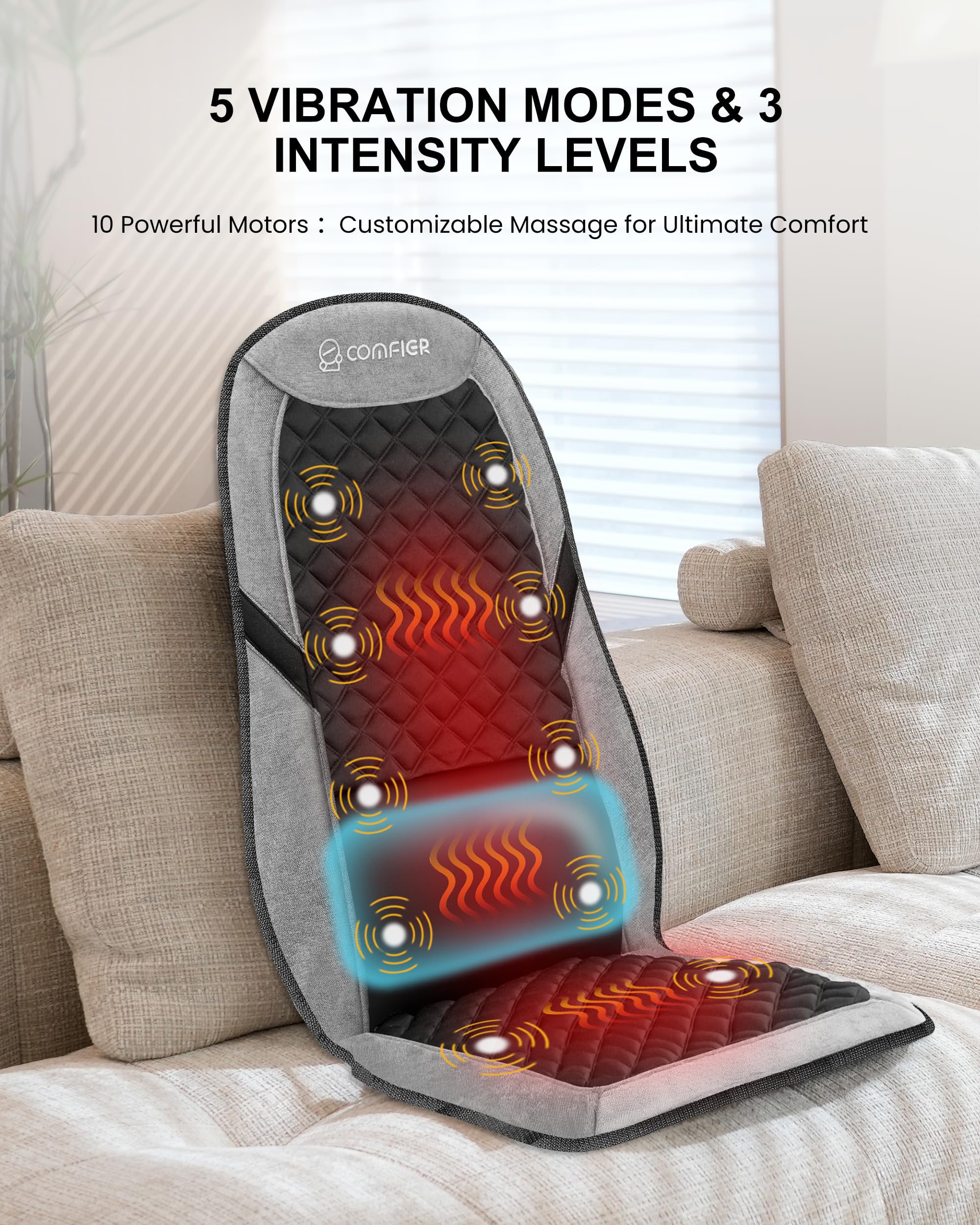 COMFIER Masajeador de espalda para aliviar el dolor, almohadilla de silla de masaje con soporte lumbar ajustable, cojín de asiento de masaje con 10 motores de vibración y 5 modos, masajeador de silla