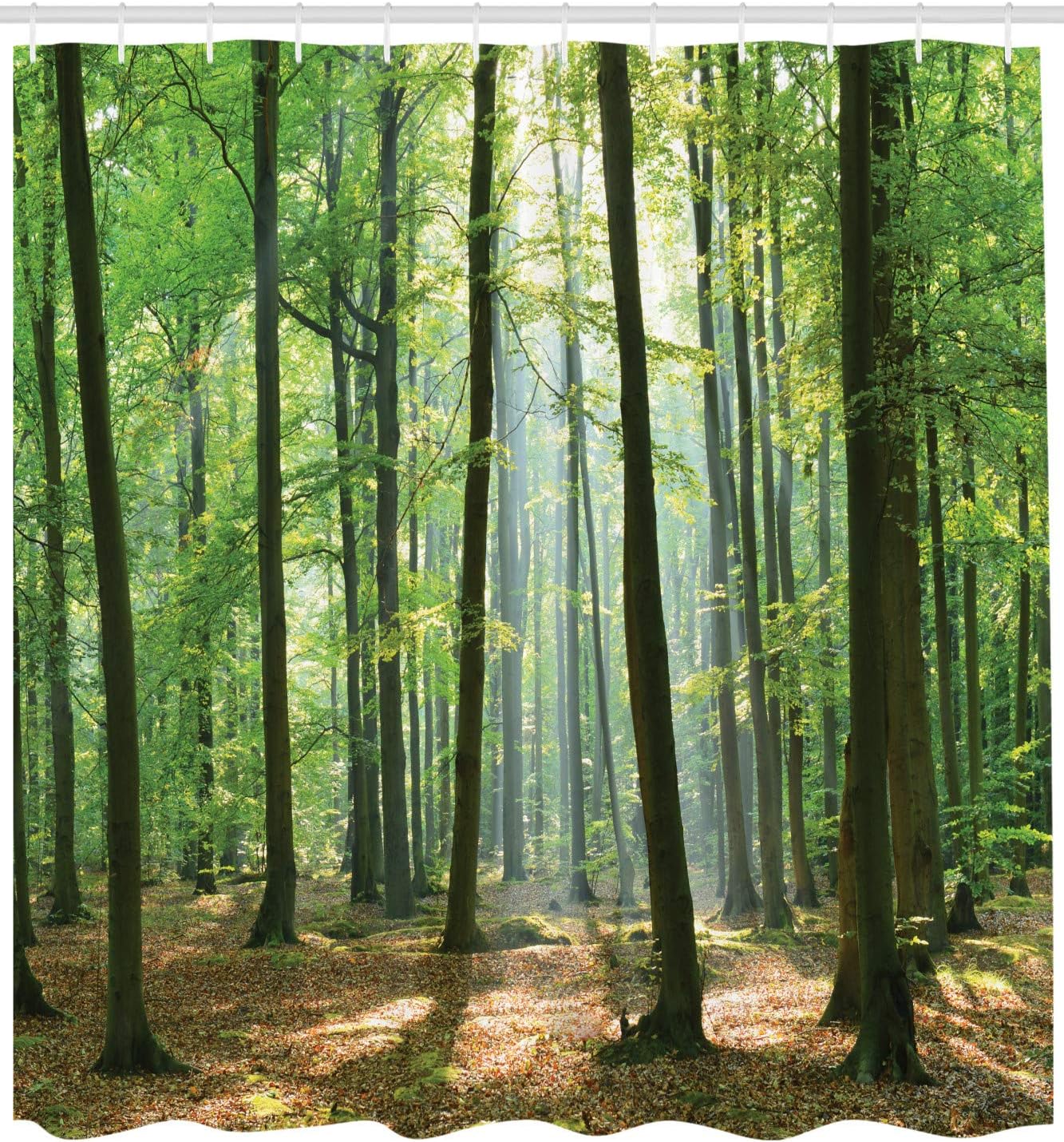 Ambesonne Forest Shower Curtain, Morning Sun Beams in Natural Spring Forest from The Sky in a Sunny Day, Cloth Fabric Bathroom Decor Set with Hooks, 69" W x 75" L, Brown Green