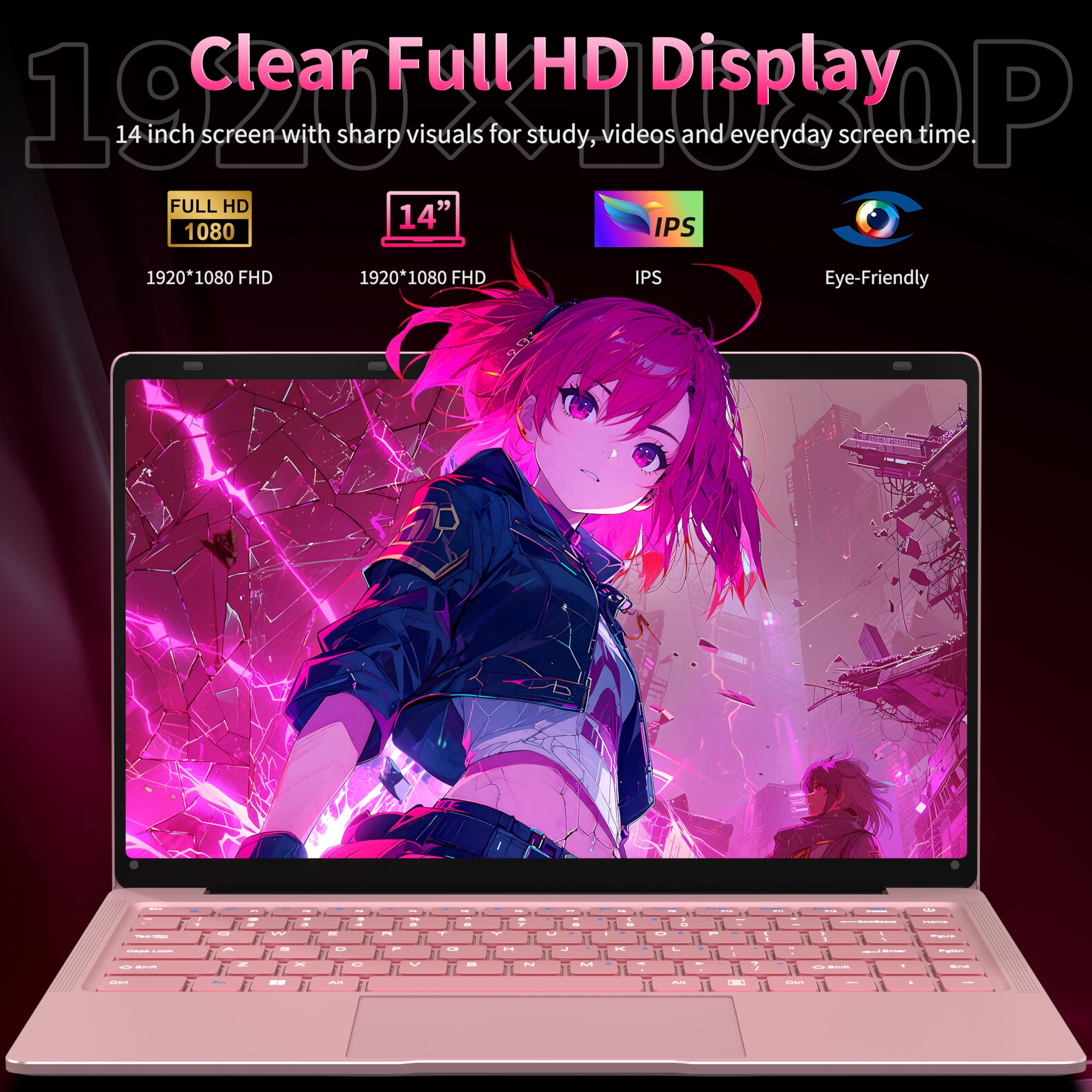 Amita 14 Inch Lightweight Laptop for Everyday Use, Full HD Display, 8GB Memory & 512GB Storage, Pink Portable Notebook for Study, Home and Travel — view 3