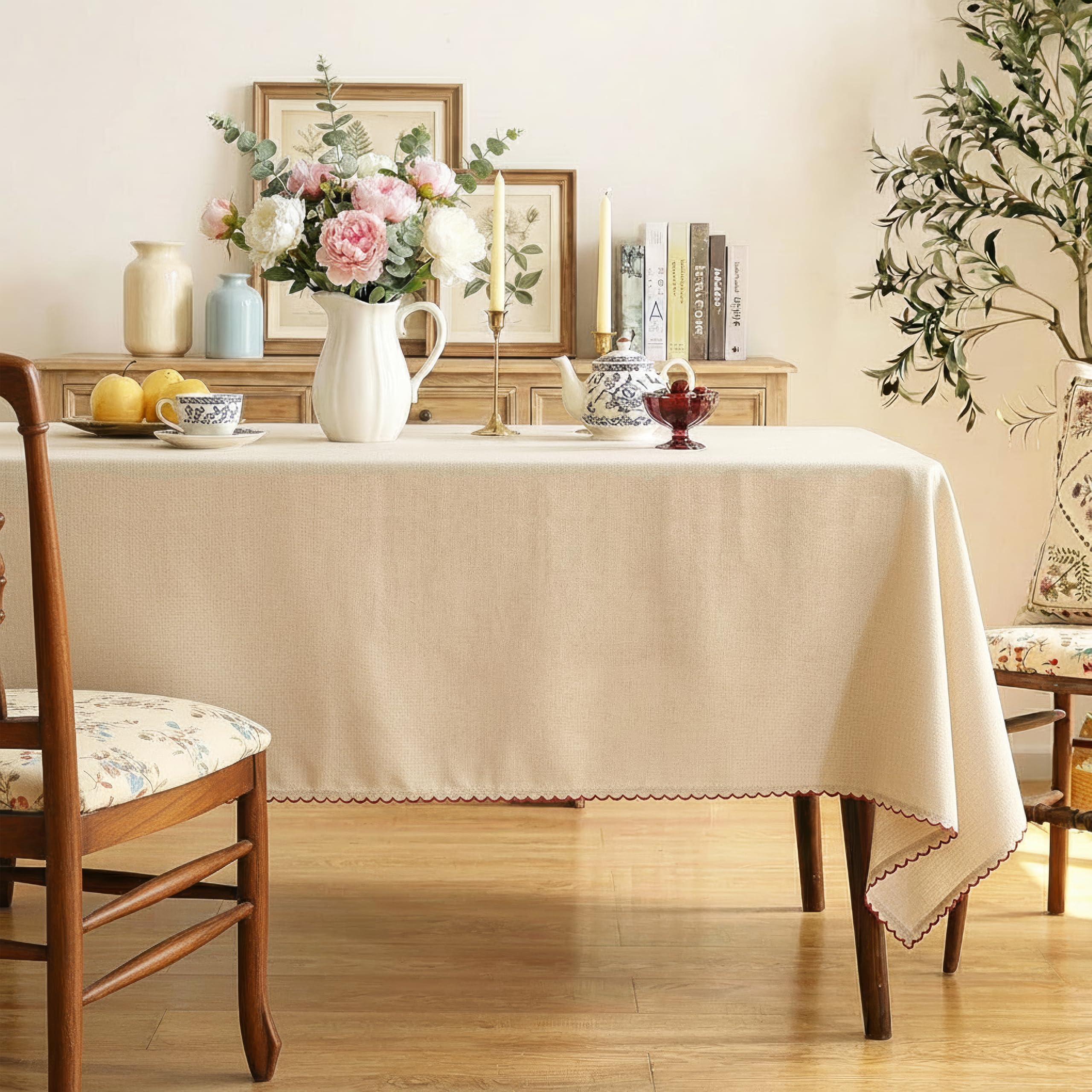 Embroidered Edge Trim Tablecloth - Water & Stain Repellent (100% Cotton) 8 Seater - 10 Colors - Biscuit Brown (230 CM X 150 CM)-image-46