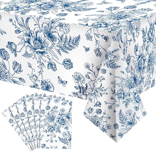 Tiamon 6 manteles de plástico florales azules de 54 x 108 pulgadas, manteles rectangulares vintage desechables de flores azules, mantel de porcelana