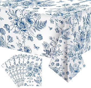 Tiamon 6 Pcs Blue Floral Plastic Tablecloth 54 x 108 Inch Vintage Rectangle Table Cover Disposable Blue Flower Tablecloth Navy and White Table Decor for Spring Wedding Shower Tea Birthday Party