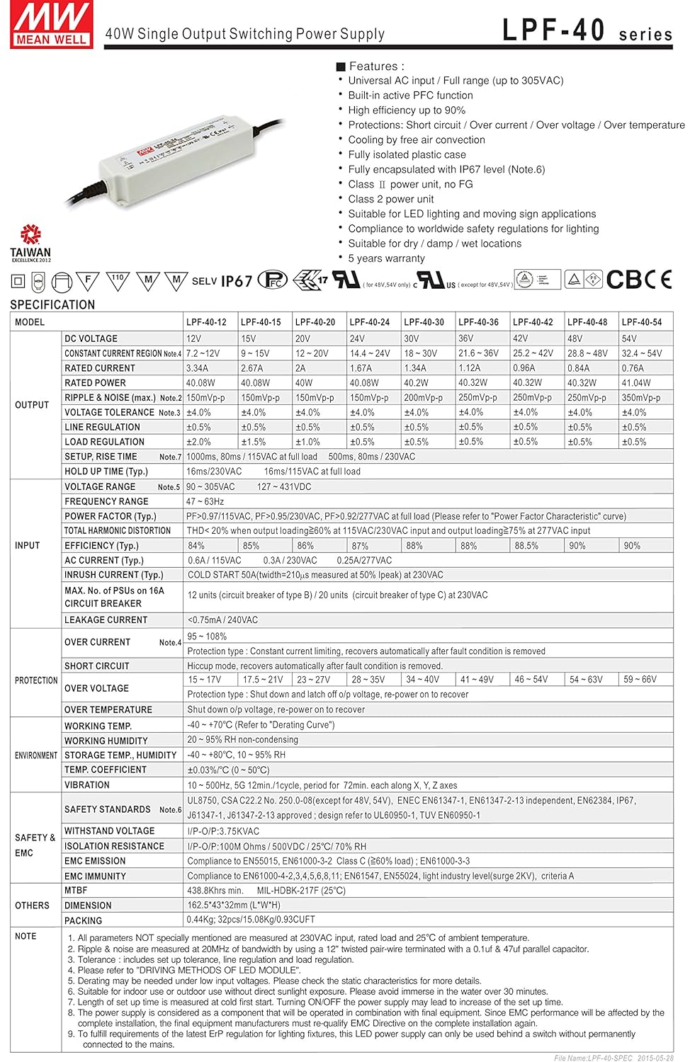 LPF-40-42 | Mean Well LPF Series 40W 42V CC/CV AC LED Driver