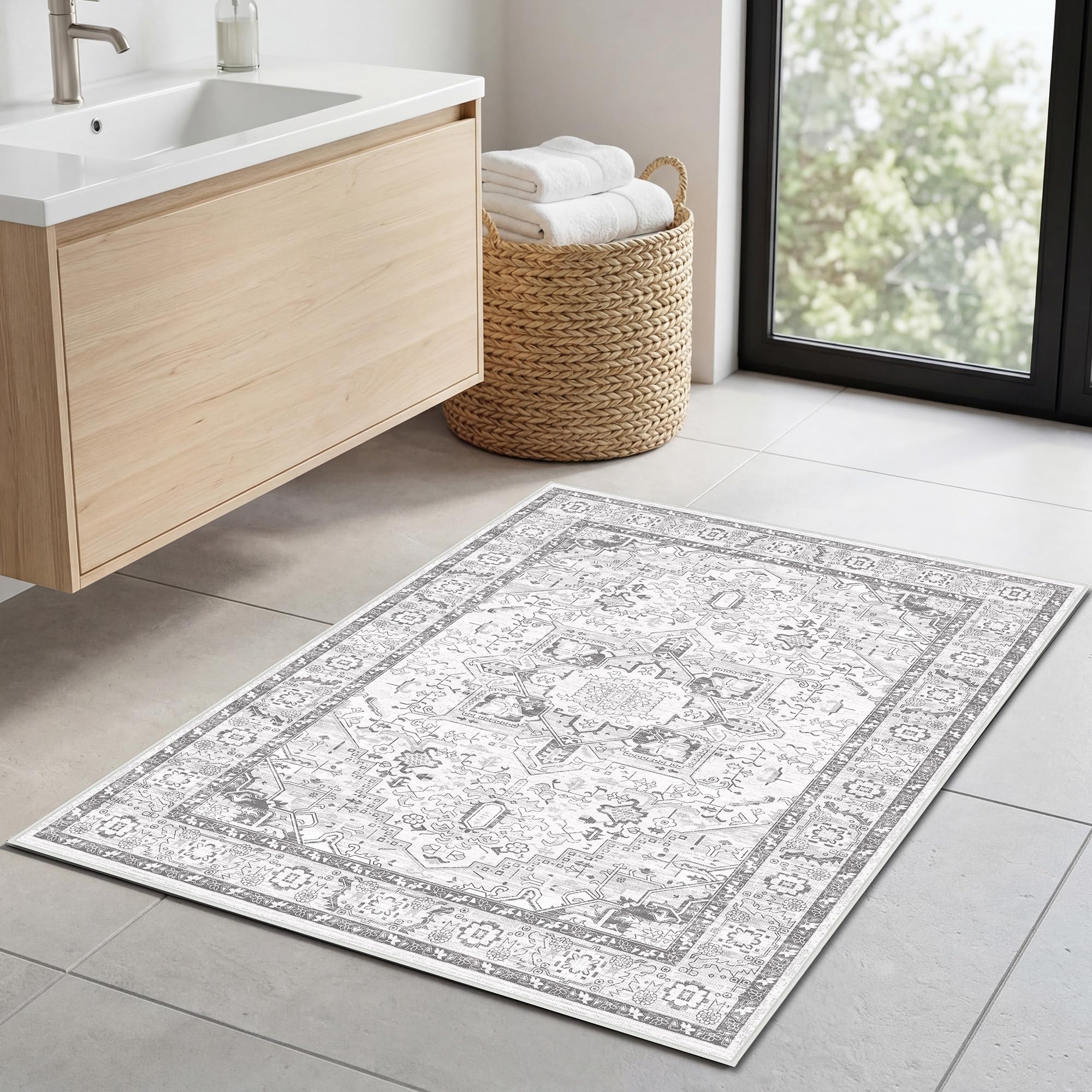 Autsel Rugs for Living Room Bedroom 60x90cm, Small Machine Washable Area Rugs Non-slip, Vintage Boho Rugs, Soft Short Pile Carpet, Grey Runner Rugs for Hallway, Carpet for Kitchen, Office
