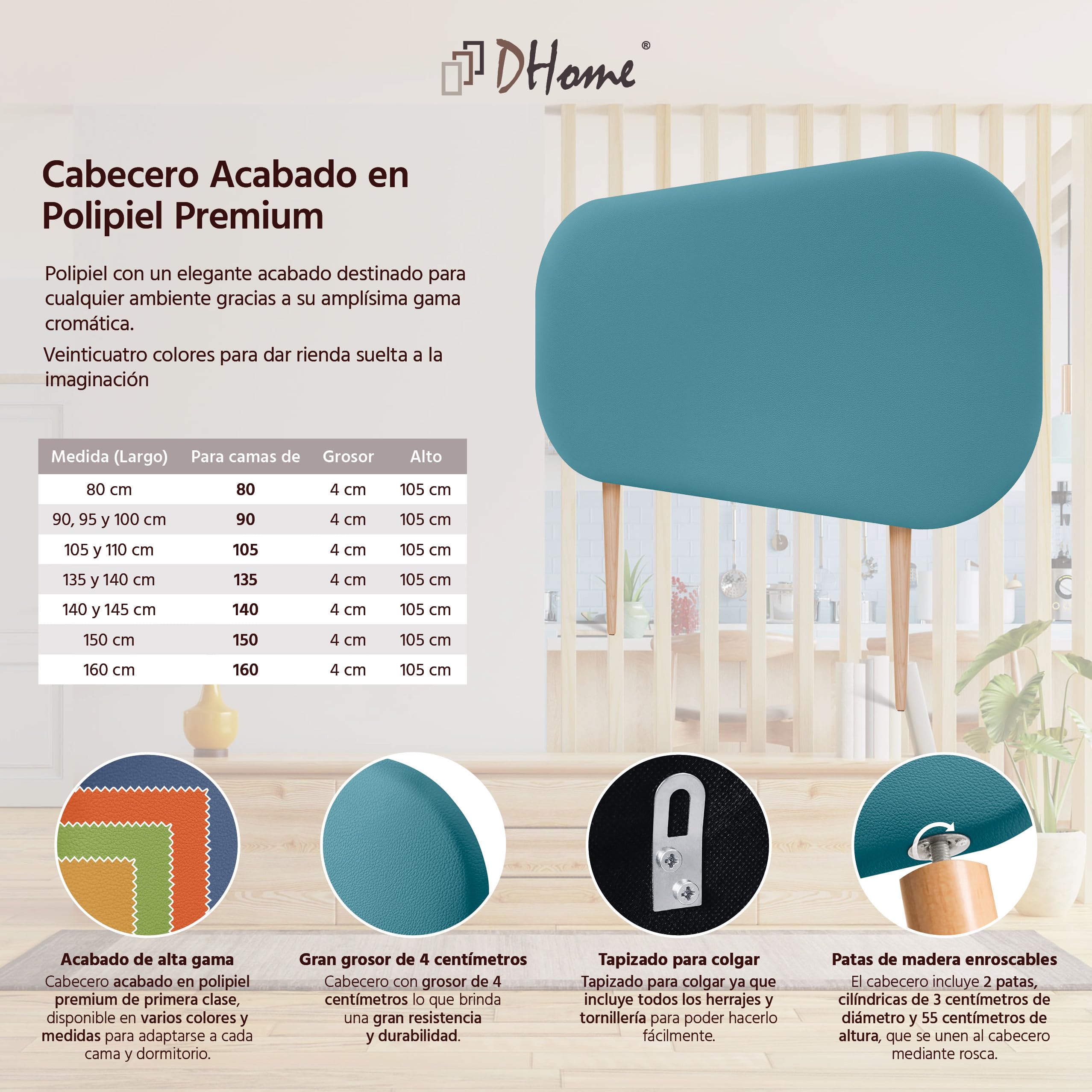 DHOME Cabecero Tapizado Curvo Liso Polipiel 50cm Altura con Patas para Pared Acústicos Cabeceros Absorbentes Cabezal Cama Dormitorio (Turquesa, 90cm)