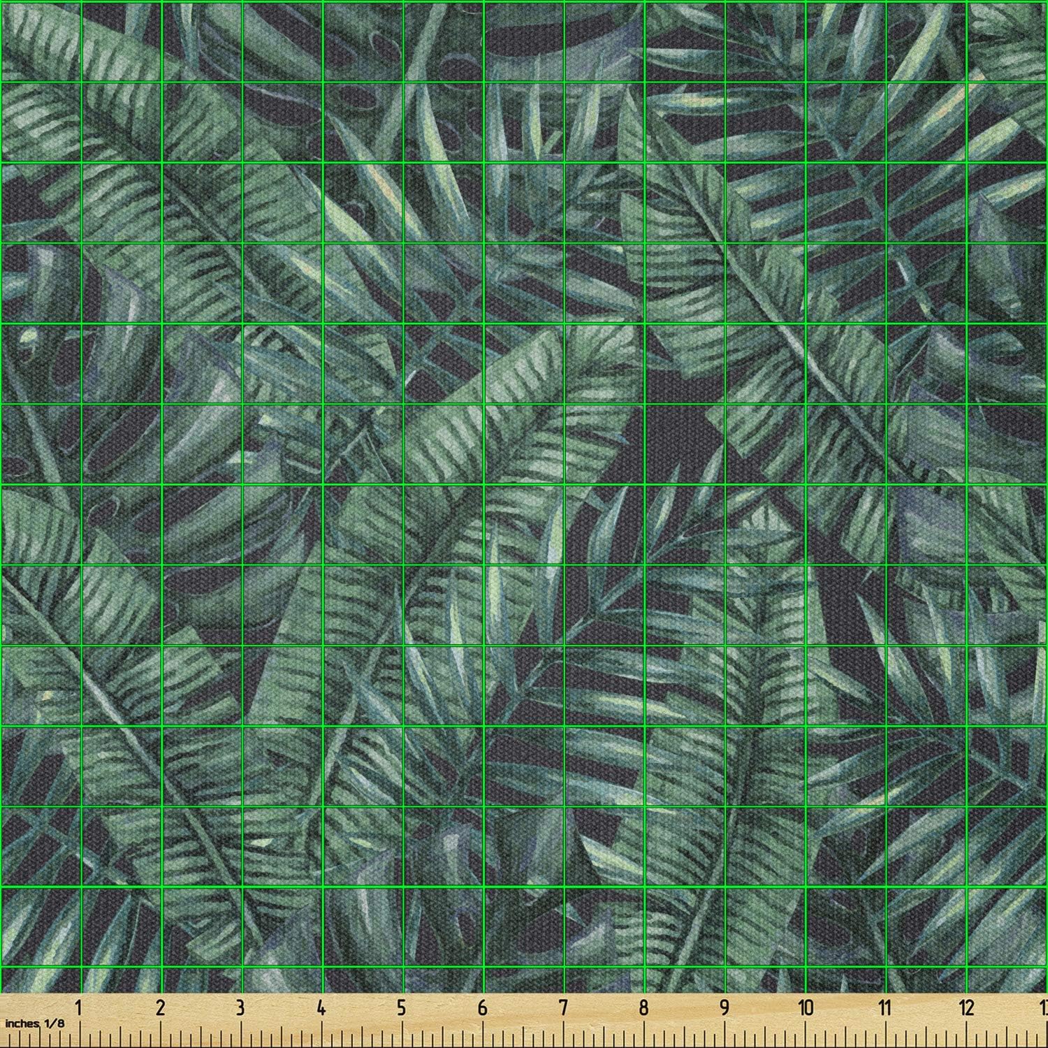 Ambesonne Palm Leaf Fabric by The Yard, Watercolor Tropical Jungle Leaves Pattern Fresh Rainforest Hawaii Summer, Stretch Knit Fabric for Clothing Sewing and Arts Crafts, 2 Yards, Dark Green Black