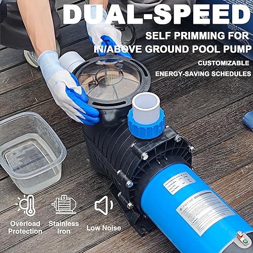 Miniatura 2 de FOTING Bomba de piscina dentrosobre el suelo, autorecortable (velocidad dual, 2HP, 31707000GPH, 230V) Conectores de entrada NPT de 1.5" y 2"