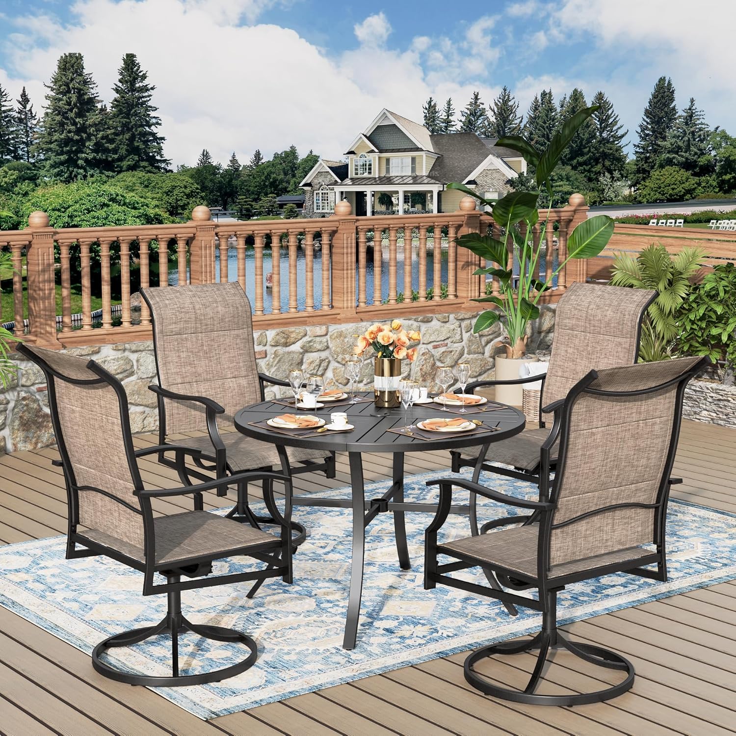5 Pieces Patio Dining Set, Outdoor Table and Chairs, 1 x 42 Round Black Table and 4 x Textilene 360-Degree Swivel Dining Chairs with 15° Rocking Motion, for Cozy Garden, Grayish Brown