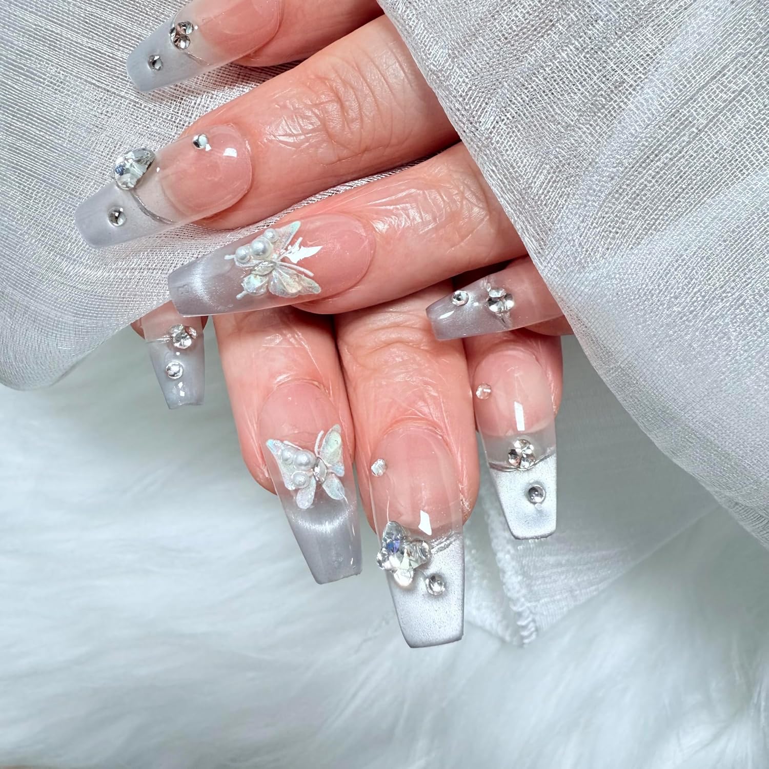 Press On Nails Coffin, Square Oval White Powder Blue Butterfly 3D Handmade Nails, Cute false nails Sheer Shimmery Nude Glossy Soft Gel 10 Pcs (Coffin Blue, XS)