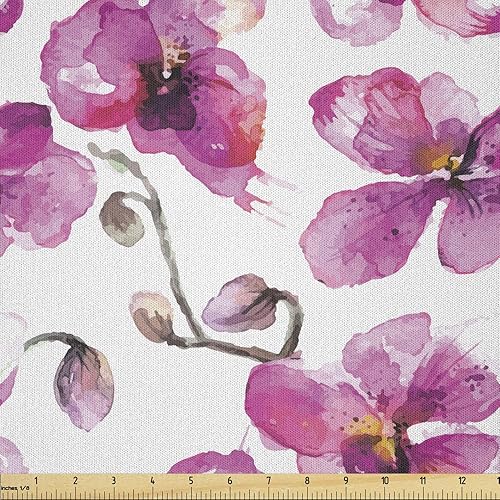 Ambesonne Watercolor Fabric by The Yard, Flowering Orchid Branches Spring Time Feng Shui Inspired Bouquet, Microfiber Fabric for Arts and Crafts