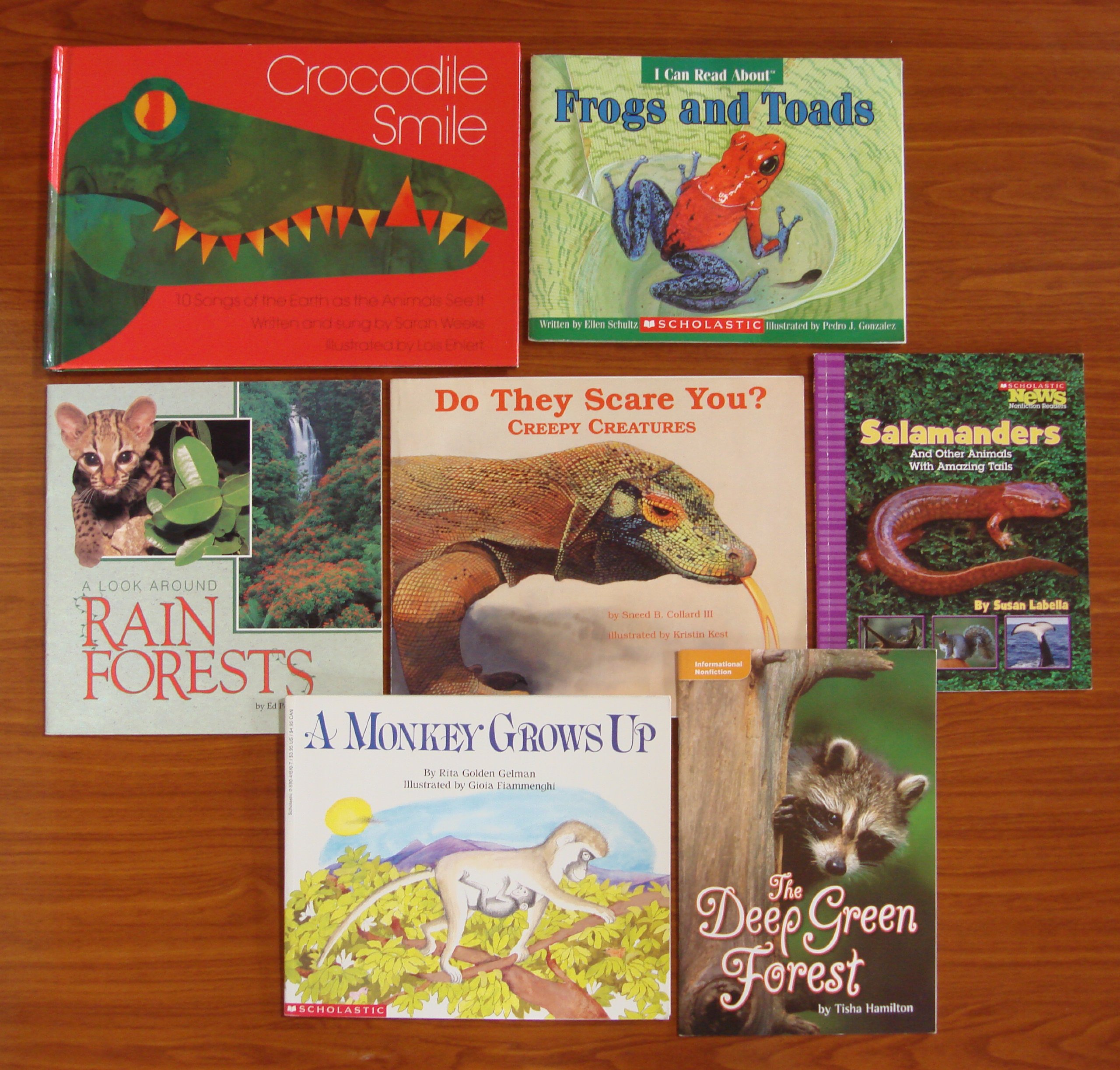 Animal Habitats (Teacher Unit): Set of 7 Children's Picture Books (Crocodile Smile: 10 Songs of the Earth as the Animals See It ~ Do They Scare You? Creepy Creatures ~ Frogs and Toads ~ A Monkey Grows Up ~ A Look Around Rain Forests ~ Salamanders and Other Animals with Amazing Tails ~ The Deep Green Forest)