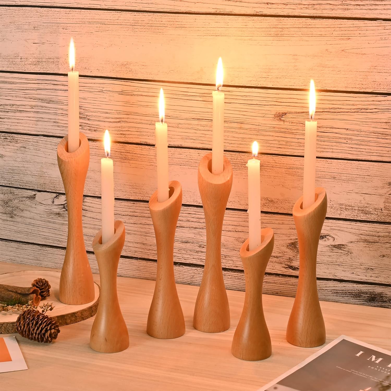 Yorkmills Wooden Candlestick Holders Set of 6, Farmhouse