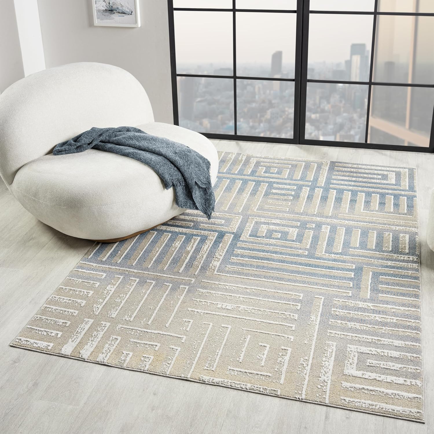 LR Home 2 x 3 Machine Washable Indoor Area Rug for Home Decor | Contemporary Geometric Carpet for Living Room Decor | Modern Transitional Rug Suitable for Bedroom, Living Room, Office | Beige/Blue