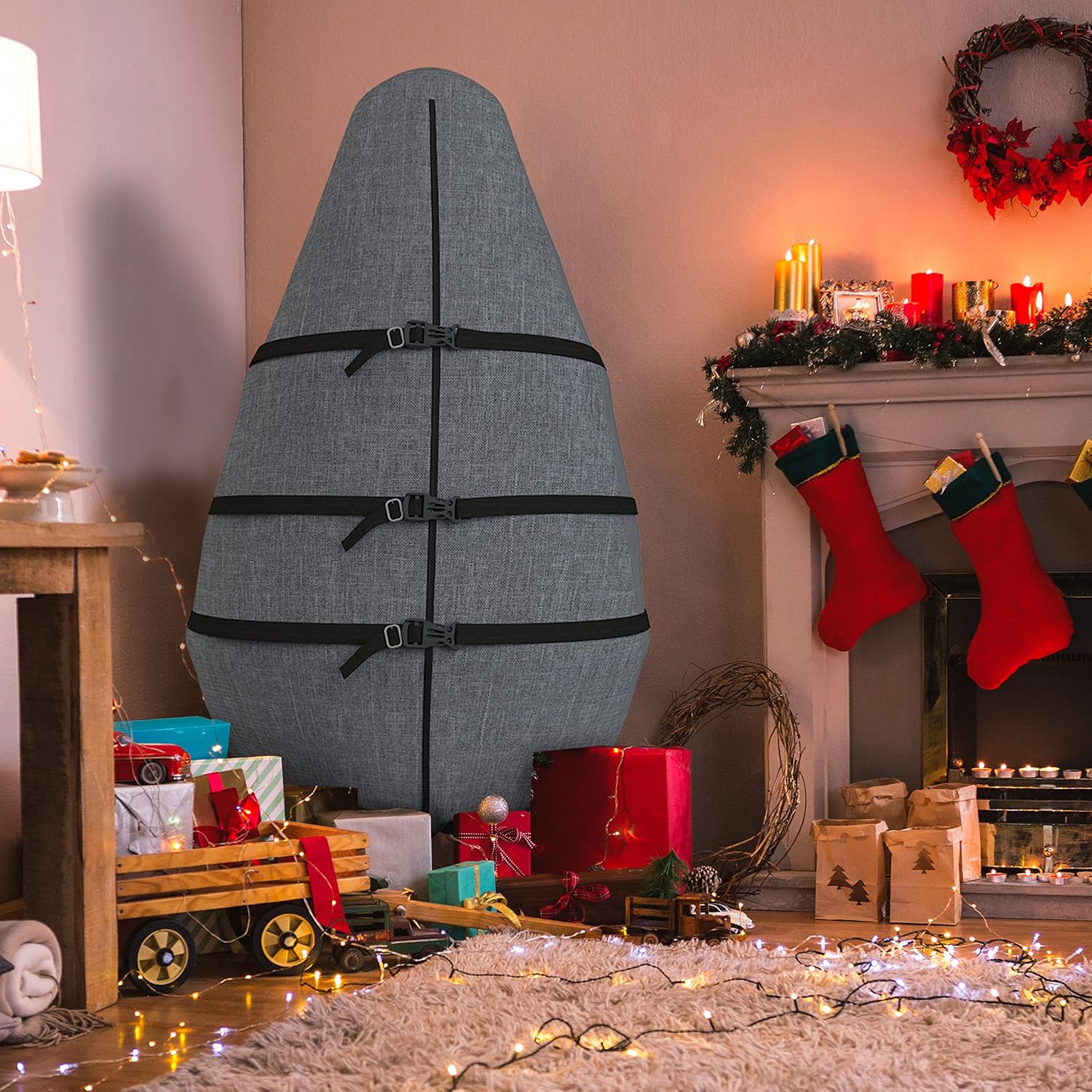 Covers & all Christmas Tree Upright Storage Bag, 8 oz Heavy Duty 600 Denier Water Repellant and UV Resistant Fabric with Buckle Straps, Zipper & Drawstrings (5’ feet, Charcoal Gray)