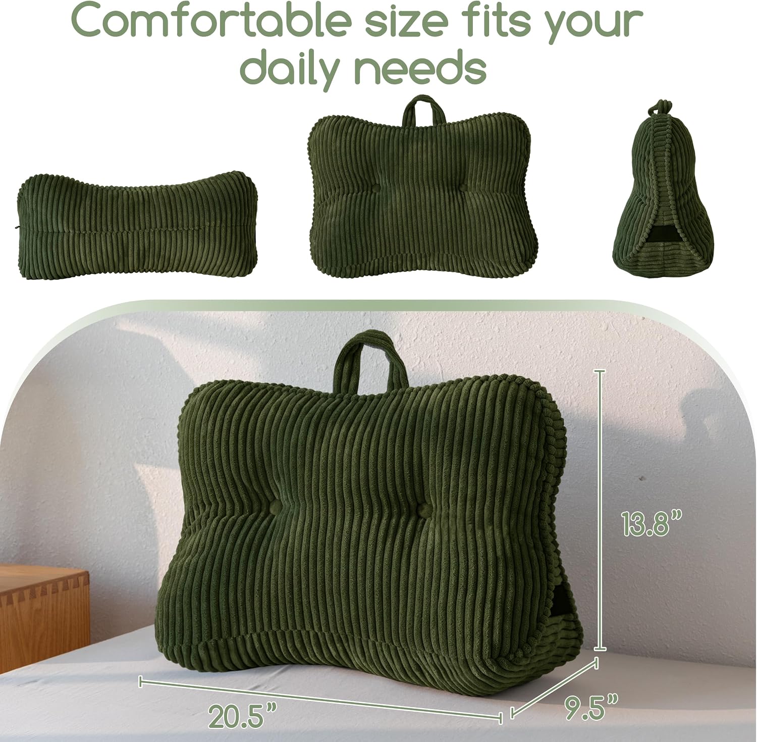 HIGOGOGO Reading Pillow for Sitting in Bed, Tufted Corduroy Lumbar Support Back Pillow for Watching TV, Ergonomic Triangle Support Cushion for Sofa, Reclining, Gaming, Work, Resting, Dark Green image 2
