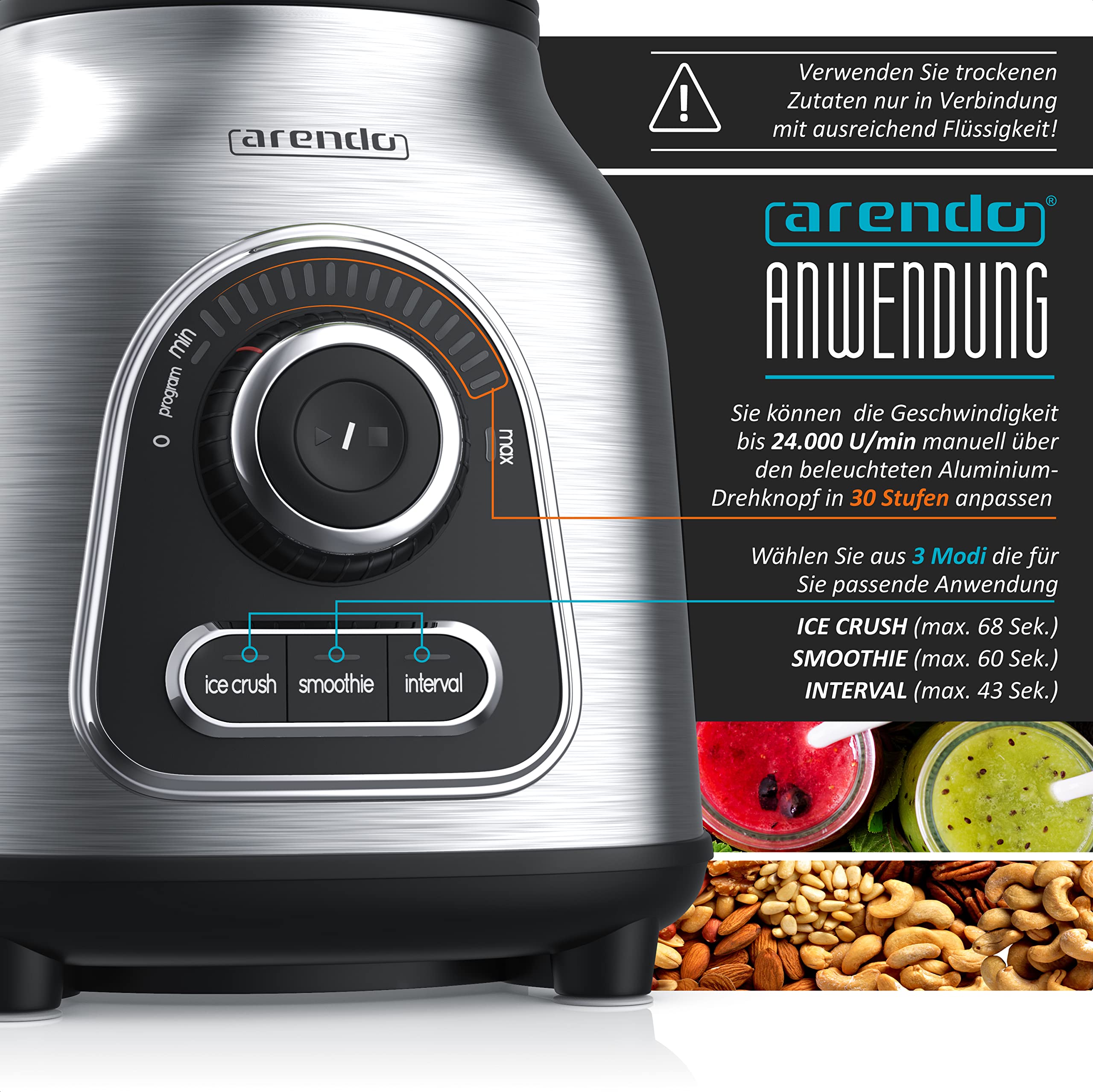 Arendo - Blender van roestvrij staal - Krachtige mixer - 1400 Watt