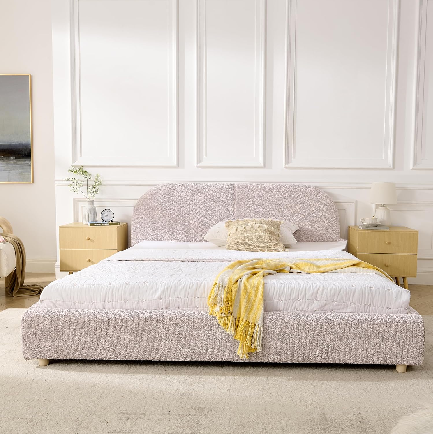 Queen Size Boucle Bed Frame and Headboard, Upholstered Cloud Bed Frame with Curved Headboard, Modern Platform Beds with Sturdy Legs for Kids Teens Adults, No Box Spring Needed, Pink