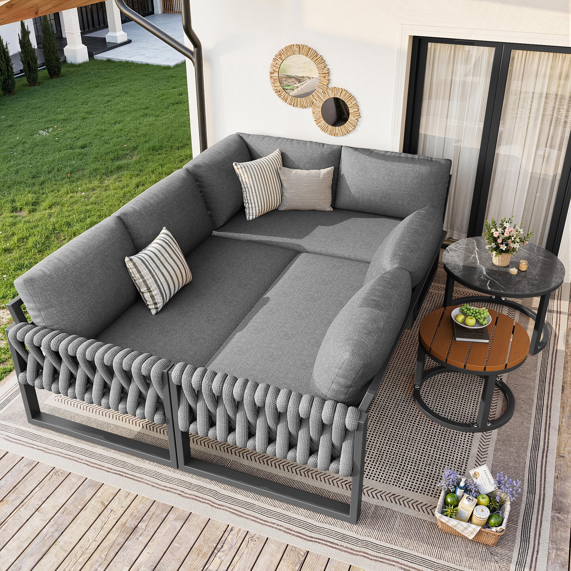 Juego de muebles de jardín con patas ajustables, cojines impermeables y desmontables, juego de salón de jardín para 5-6 personas, modular para balcón, jardín y terraza, incluye todos los cojines de