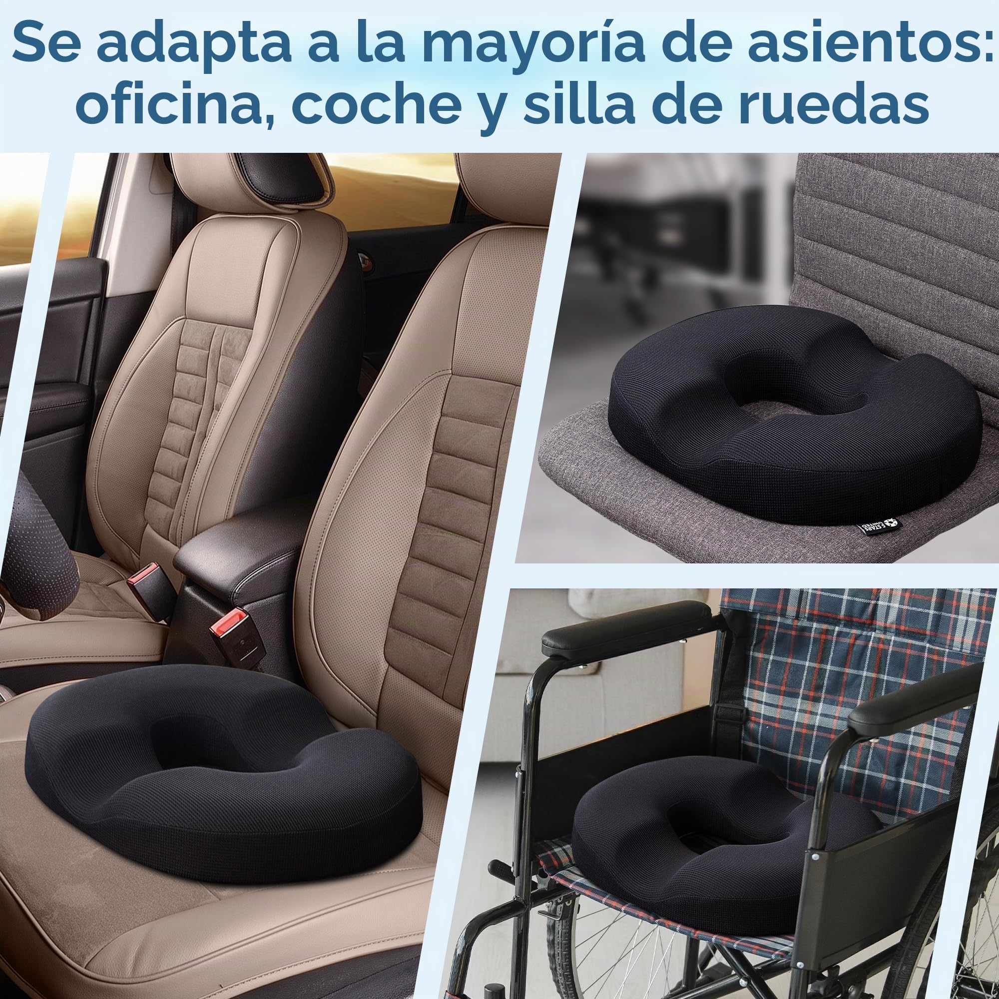 5 Star United Cojín Donut de Memory Foam, Alivio de Hemorroides y Dolor de Coxis, Forma Ergonómica en U, Antideslizante, Funda Lavable: Negro Grande