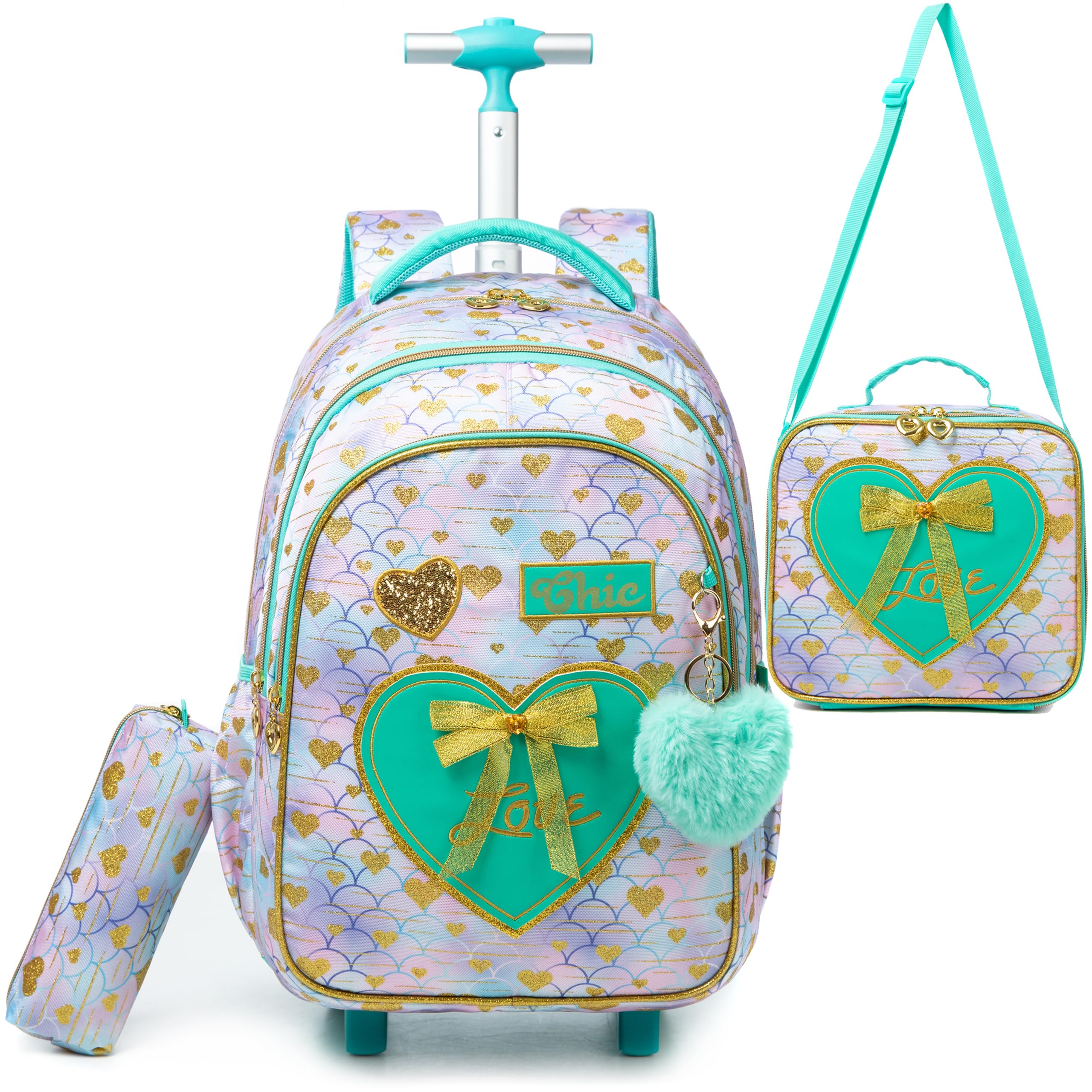 HTgroce Mochila Escolar con Ruedas Niña, Mochila Ruedas Niña Traiga un Estuche para lápices y una Bolsa para el Almuerzo
