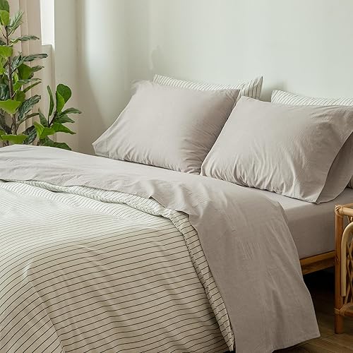 Miniatura 7 de MooMee Juego de sábanas 100% algodón lavado con textura parecida al lino transpirable duradero suave cómodo (azul aciano, individual)