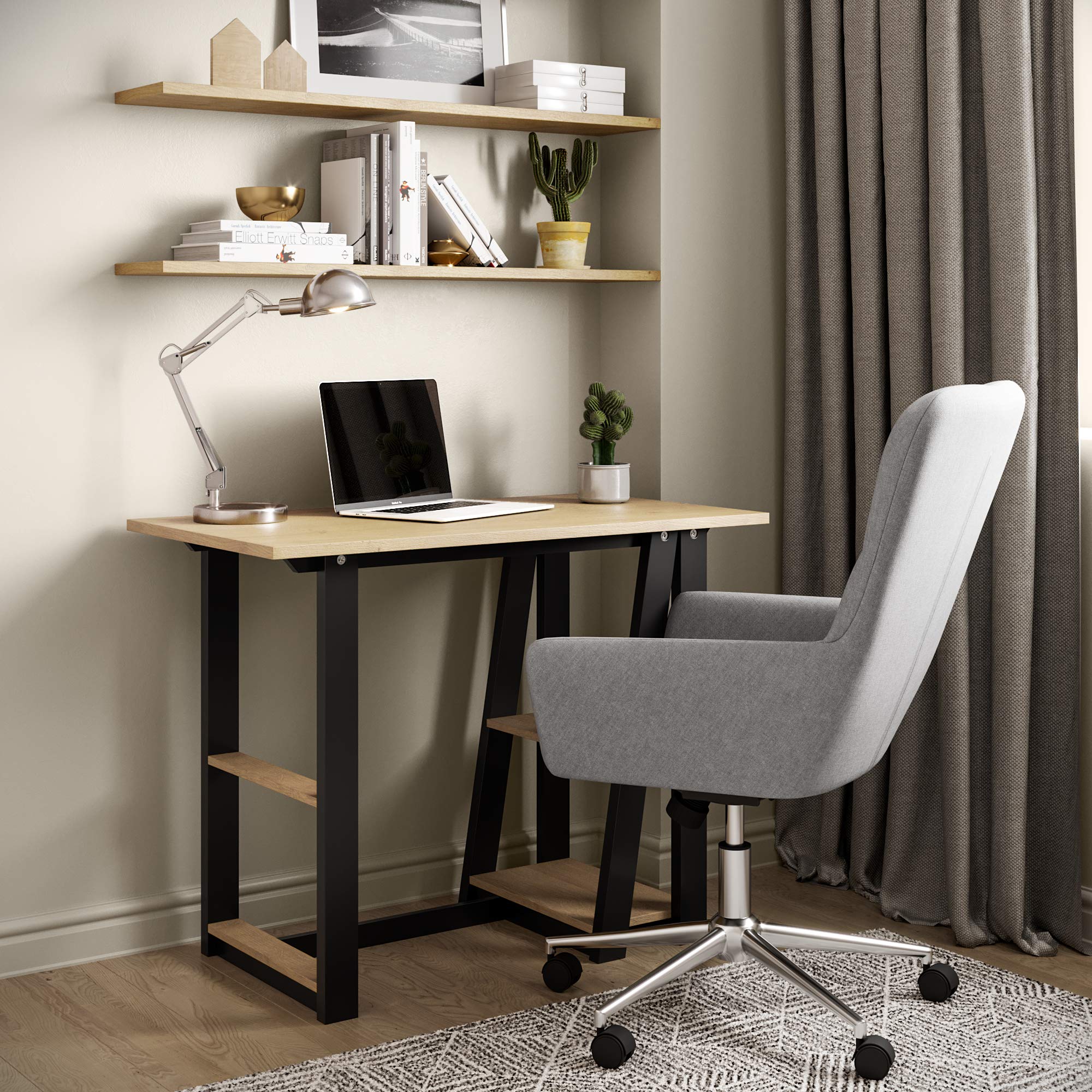 Alphason Penzance Oak and Black Office Desk - 100cm Wide - Light Brown
