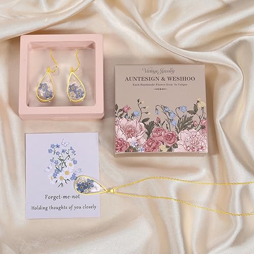 Miniatura 59 de Forget-Me-Not and Queen Anne's Lace Pressed Wildflower Necklace Birth Month Real Flower Necklace Gold/Silver Pressed Flower Jewelry