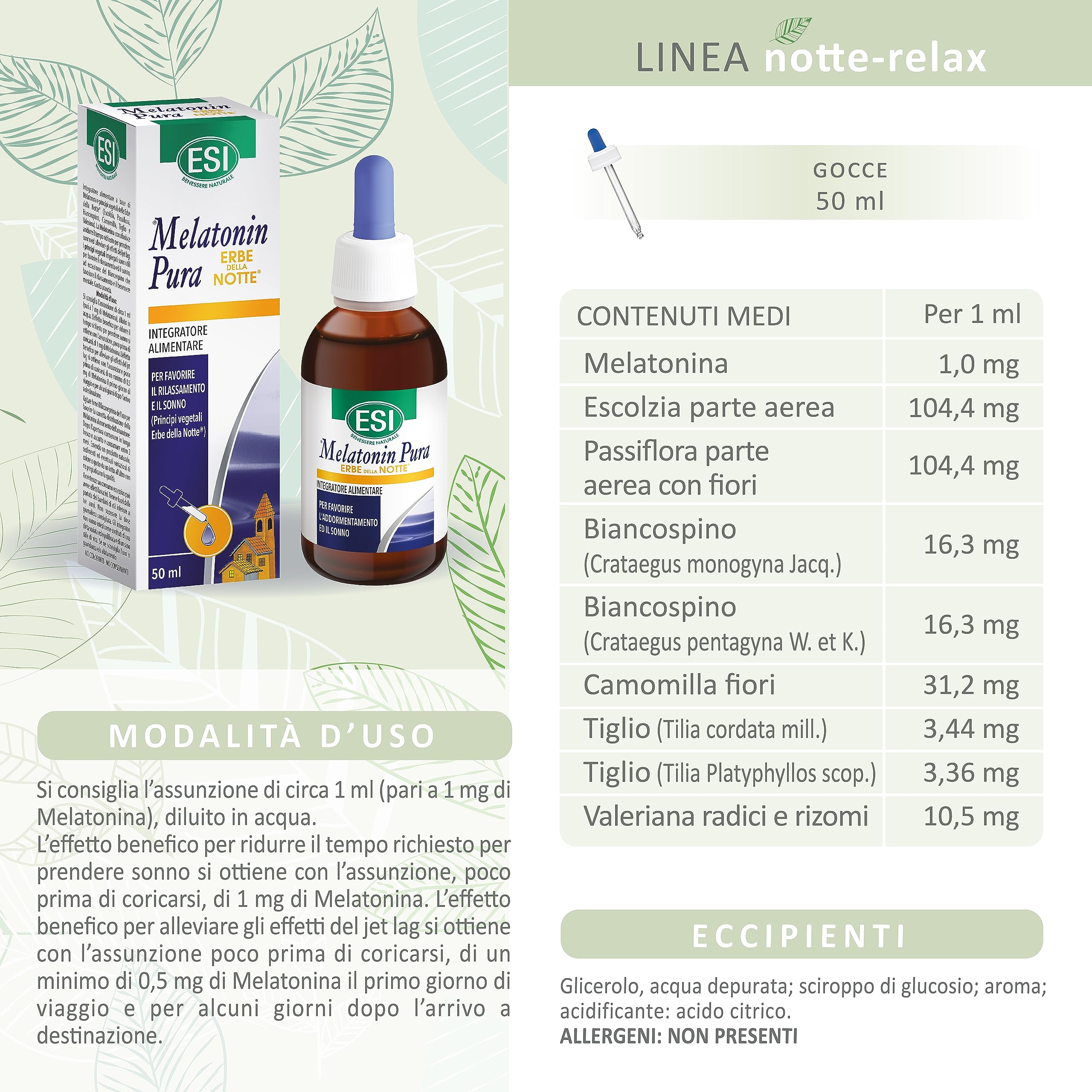 ESI - Melatonin Pura con Erbe della Notte, Integratore Alimentare in Gocce con Melatonina, Passiflora, Biancospino e Camomilla, Favorisce il Sonno, Senza Glutine e Vegan, Gusto Arancia, 50 ml
