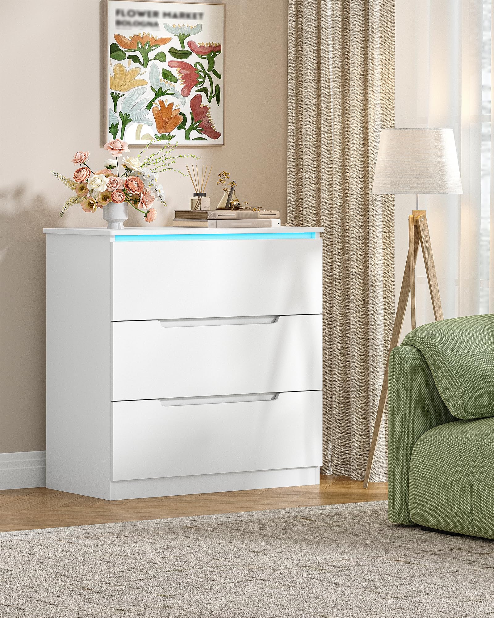 Hzuaneri Kommode, Mit LED-Beleuchtung, Kommode mit 3 Schubladen, Spind mit Beleuchtung, Moderner Stil, Geeignet für Wohnzimmer und Schlafzimmer, 40 x 70 x 80 cm, Weiß DC01303XEU