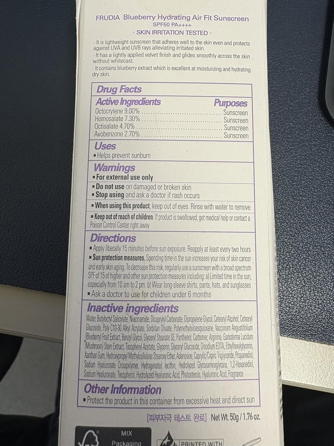 FRUDIA Blueberry Hydrating Air Fit Sunscreen SPF 50+ PA++++ | Ultra Lightweight and Moisturizing Korean Face Sunscreen with Blueberry, Triple Hyaluronic Acid, & Panthenol | No White Cast, 1.76 oz - Image 8