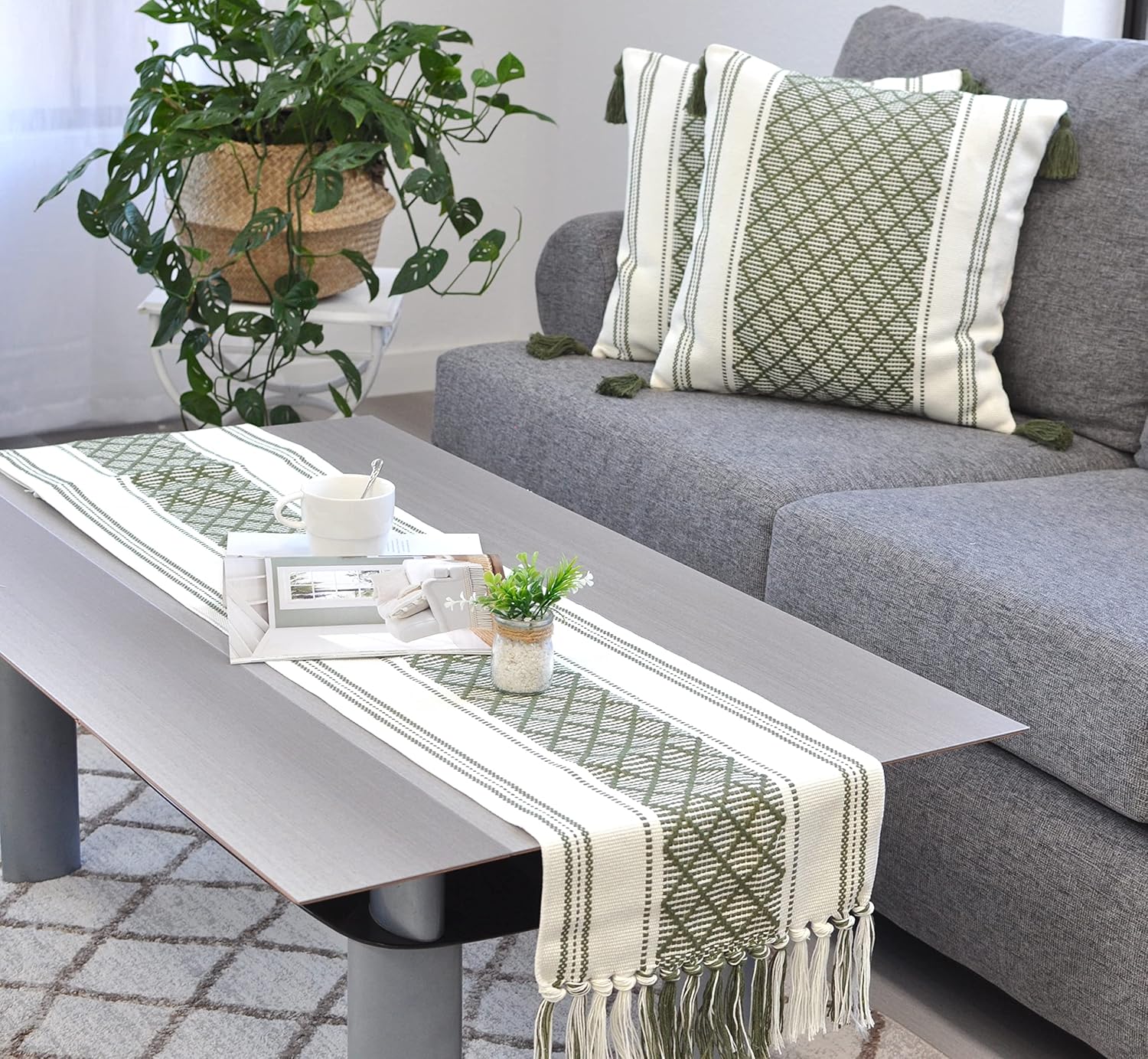 Short Dining Table Runner Coffee Table Runner with Boho Tassels 14 x 48 Inches, Olive Green & Off White Cotton Woven Washable Dresser Runner and Topper for Bedroom, Farmhouse Table Decorations