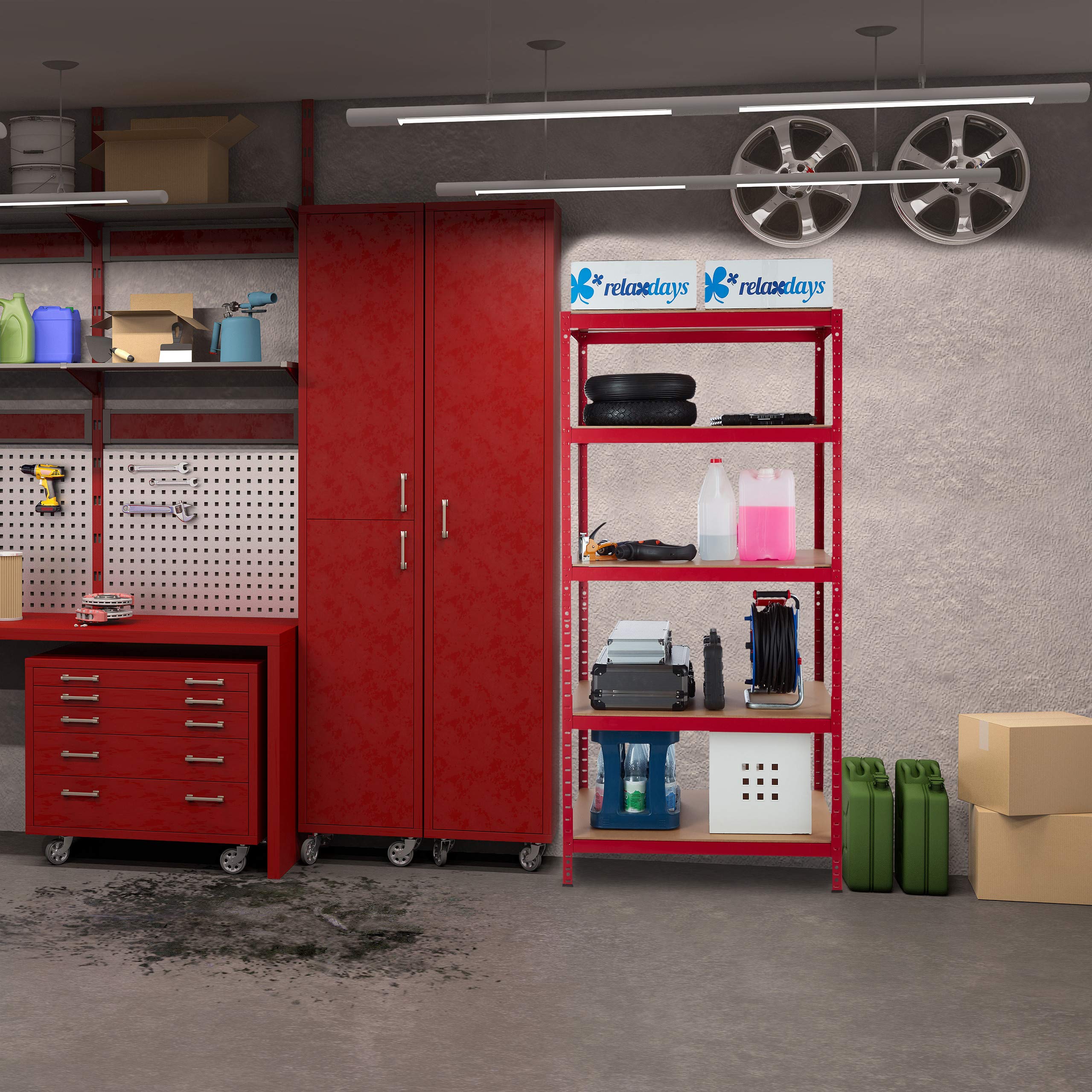 Relaxdays Étagère charge lourde, Meuble rangement à clip, Cave charge 1325 kg, garage, 180x90x60 cm, métal, MDF, rouge