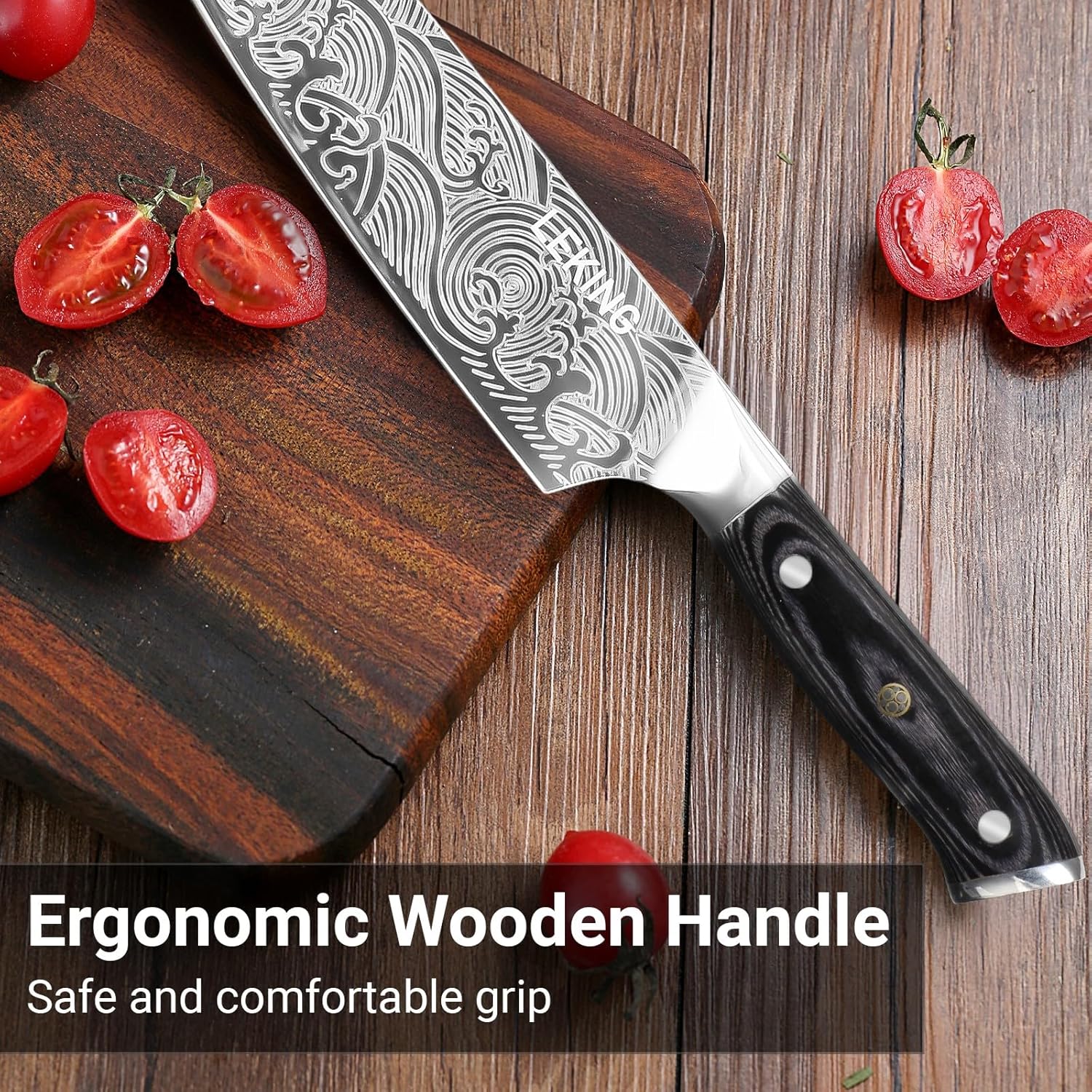 Leking 8 Inch Chef Knife, Kitchen Knife with Sharpener and Finger Guard, Professional High Carbon Stainless Steel Sharp Chef's Knife Set with Ergonomic Handle in Premium Gift Box - Image 6