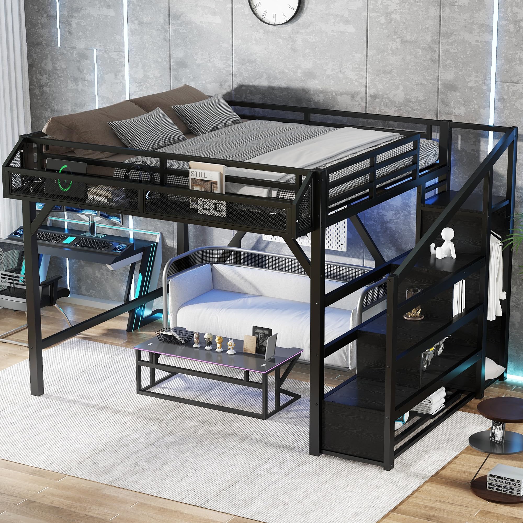 Photo 1 of Queen Loft Bed with Stairs and Wardrobe, Queen Size Loft Bed with Charging Station, Lights and Bedside Shelf, Heavy Duty Loft Bed Frame for Adults, Teens, Kids, Noise Free, Black Wood