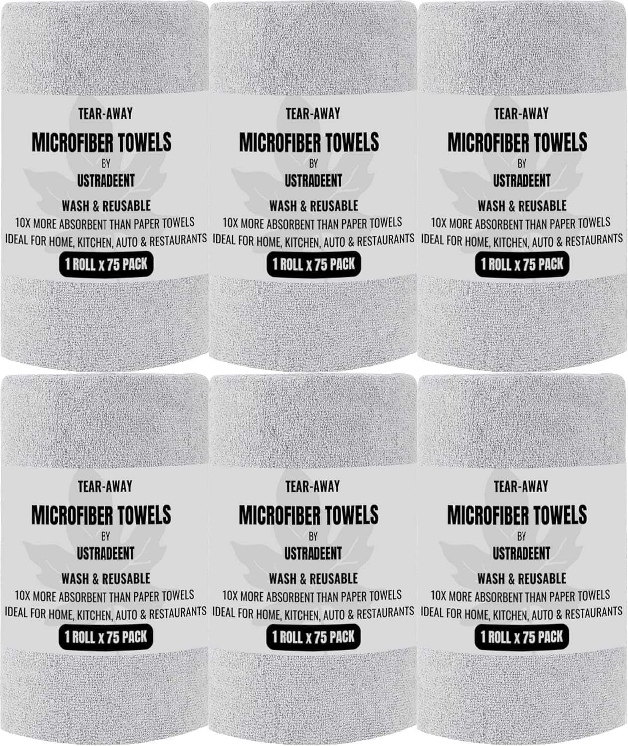 Microfiber Cleaning Cloth Roll -75 Pack, Tear Away Towels, 12" x 12", Reusable Cleaning Rags Microfiber Towels for Cars, Garage and Household Supplies 6 Rolls Grey - 450 Sheets