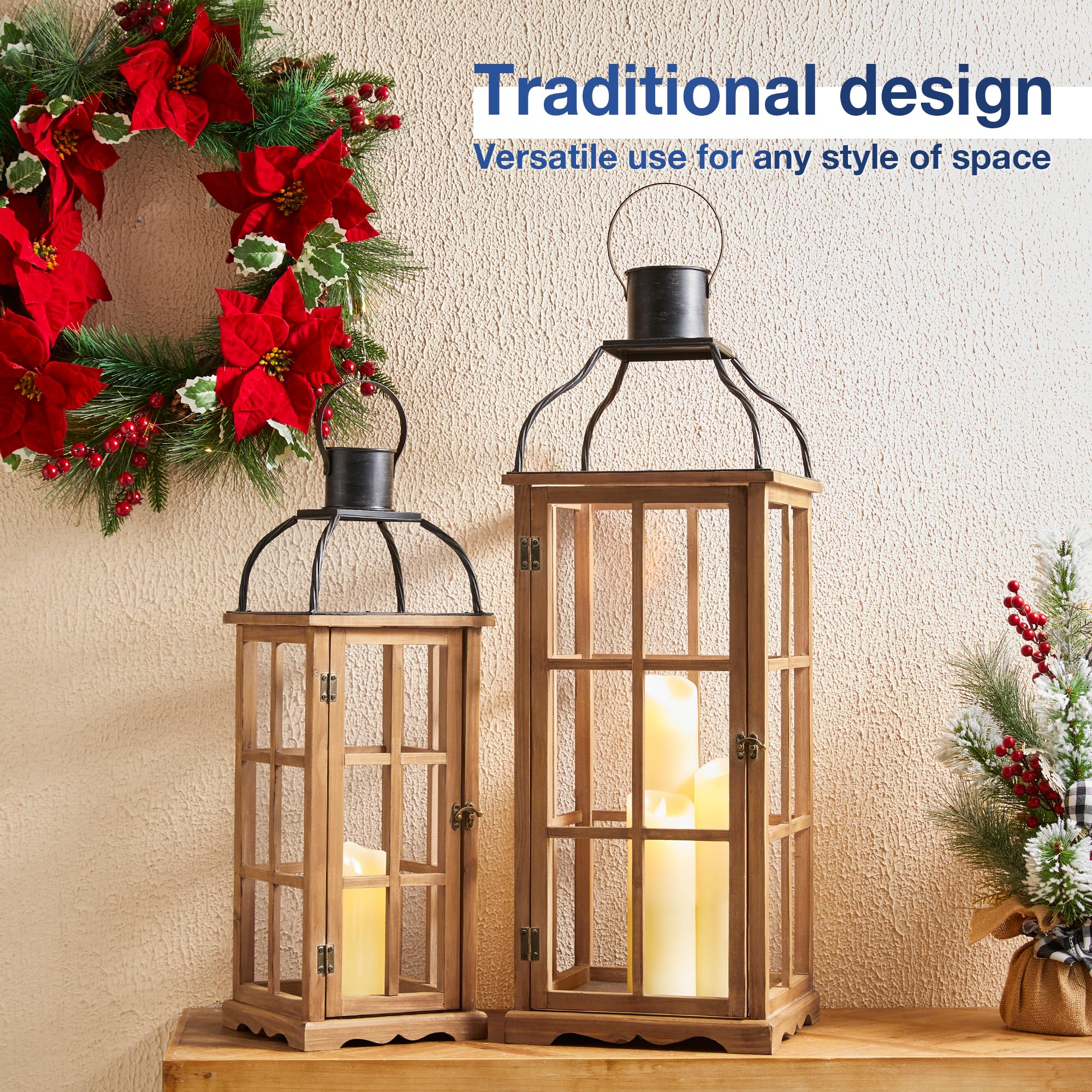 Glitzhome Dekorative Kerzenlaternen, Set mit 2 Holzlaternen im Landhausstil, für Veranda, Terrasse, Garten, Balkon, Hochzeit, Tischdekoration (kein Glas)