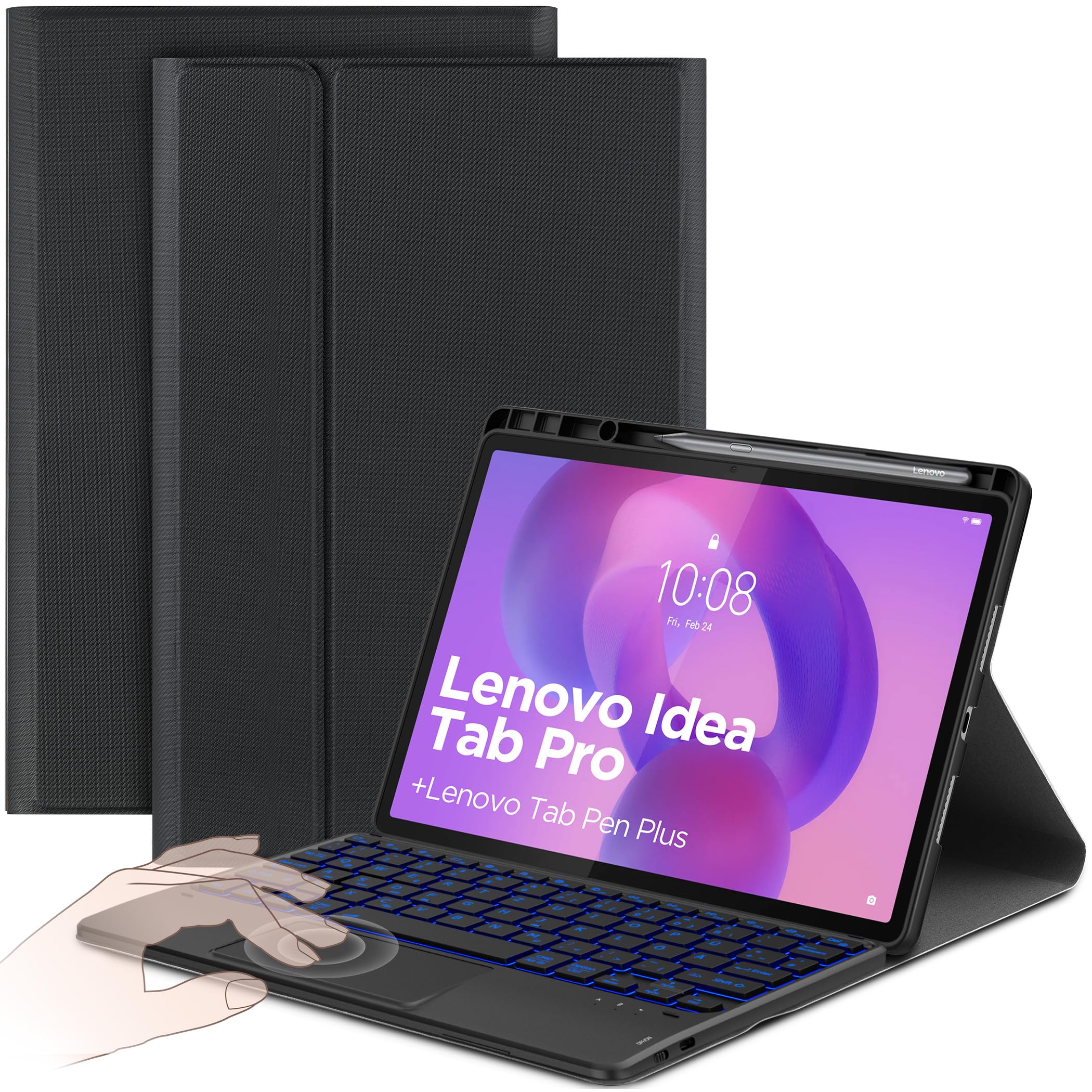 CACOE Tastatur Hülle Kompatibel mit Lenovo Idea Tab Pro 12.7 2025 mit Touchpad, Abnehmbare Kabellose Tastaturhülle mit 7-Farben-Beleuchtung, Schwarz
