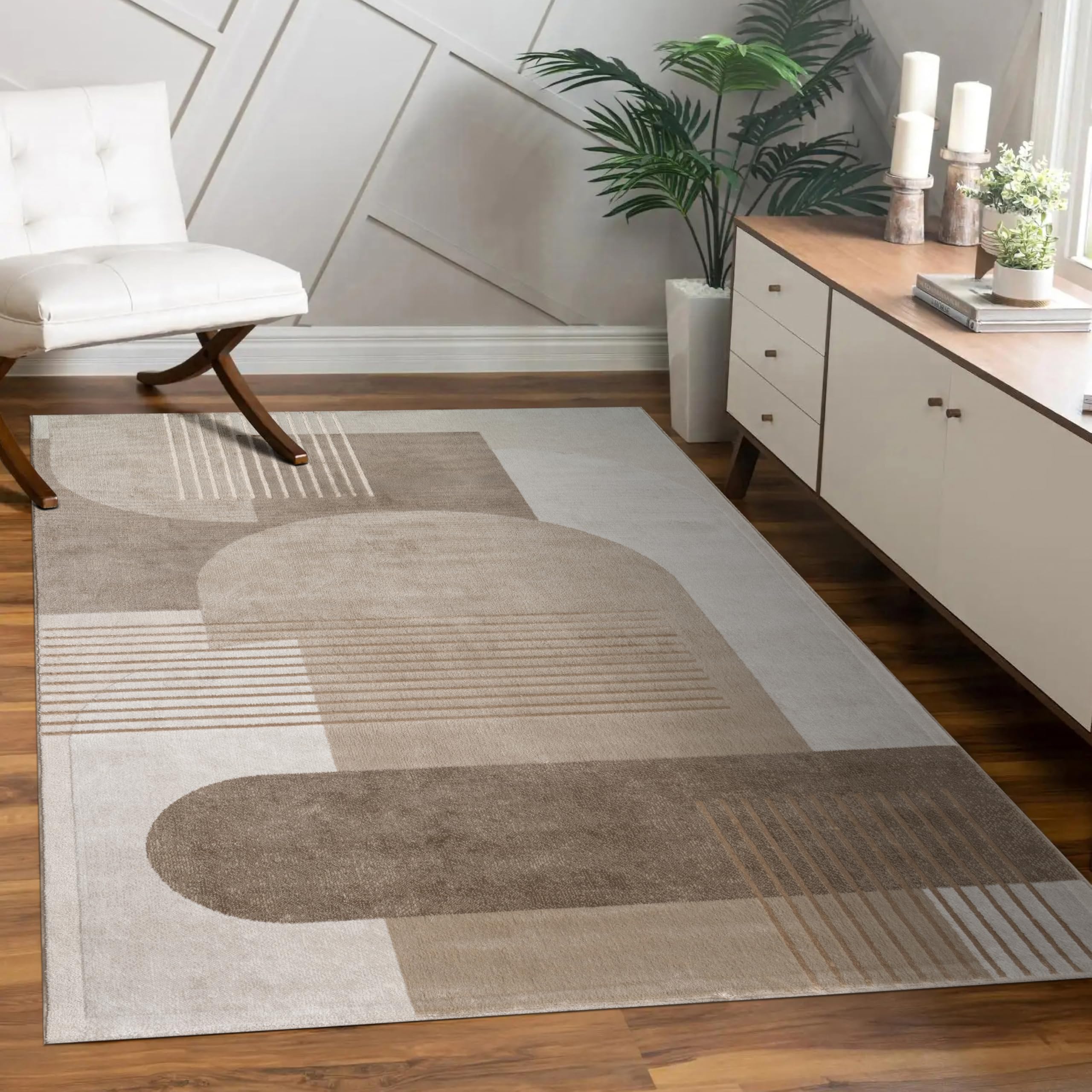 Alfombra Salón Dormitorio Pelo Corto Moderno Patrón Geométrico Arco Motivo Abstracto Mirada Líneas Crema Beige, tamaño:160x230 cm