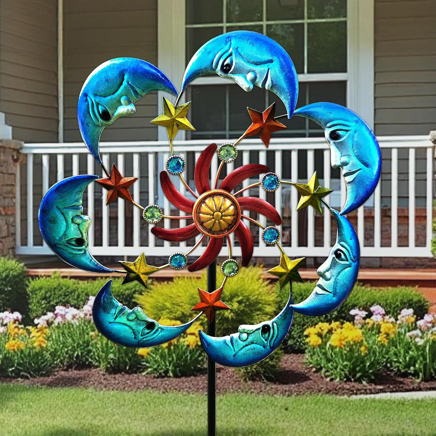 Moon Sun 58-Inch Metal Wind Spinner with Stake for Garden, Yard, Lawn and Patio Decor
