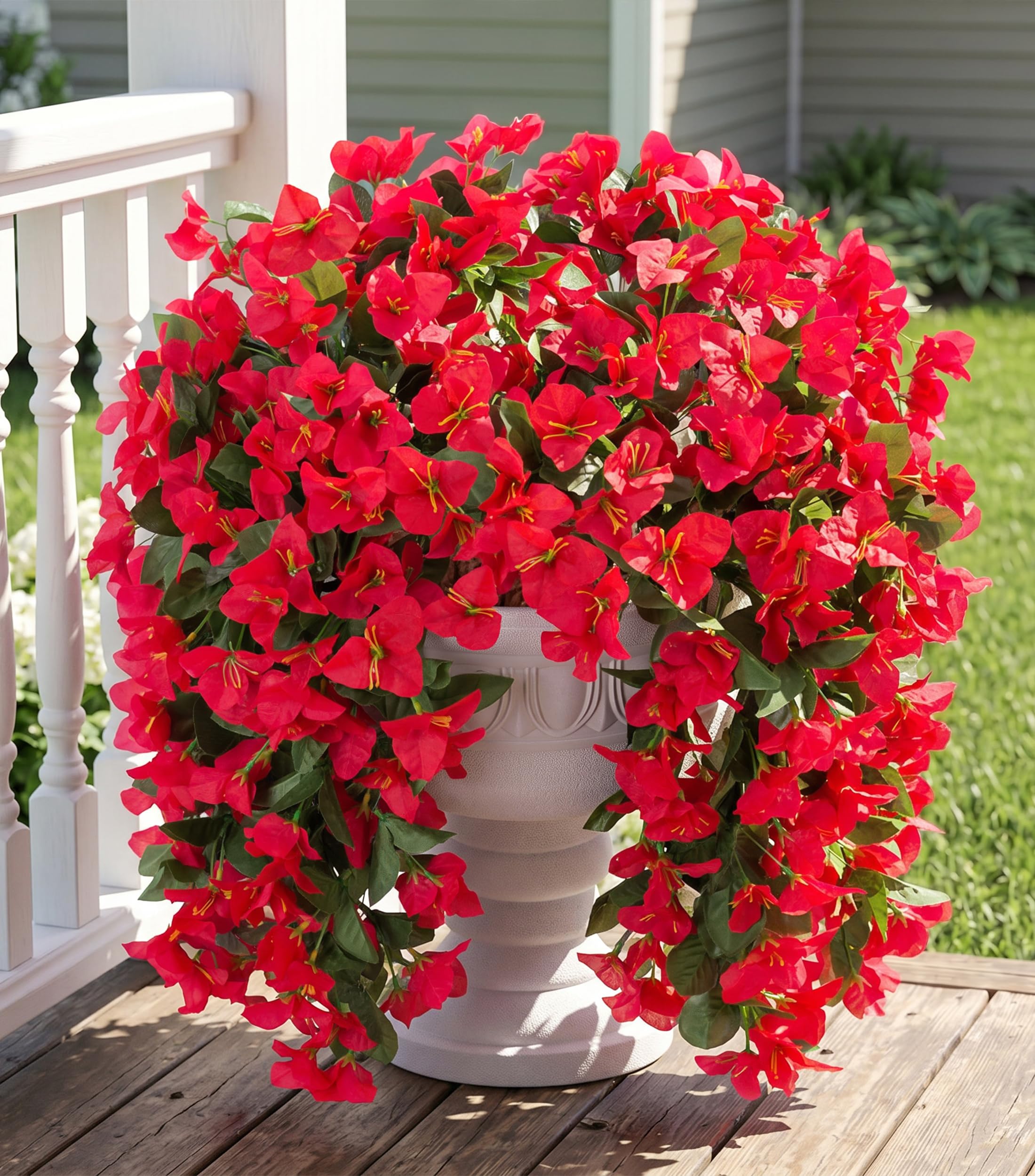 Photo 1 of **The photo and description are for reference purposes only.**Faux Bougainvillea Artificial Flowers Plants for Outdoor Outside Decoration, 2 PCS Red Fake Flowers UV Resistant Look Real Silk Long Trailing Vines for Front Door Porch Planter Urn Patio Garden