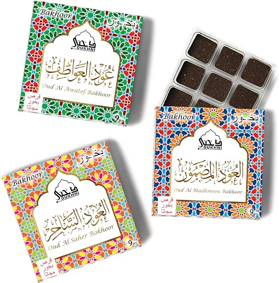 Oud Al Saher, Madhmoom, Awatef Bakhoor by Dukhni | 3 x 9 Piece Each | Assorted Arabic Bakhoor Incense | Perfect to Relax, Meditate & Pray | Rich, Luxurious, Long Lasting
