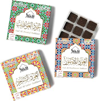 Oud Al Saher, Madhmoom, Awatef Bakhoor by Dukhni | 3 x 9 Piece Each | Assorted Arabic Bakhoor Incense | Perfect to Relax, Meditate & Pray | Rich, Luxurious, Long Lasting