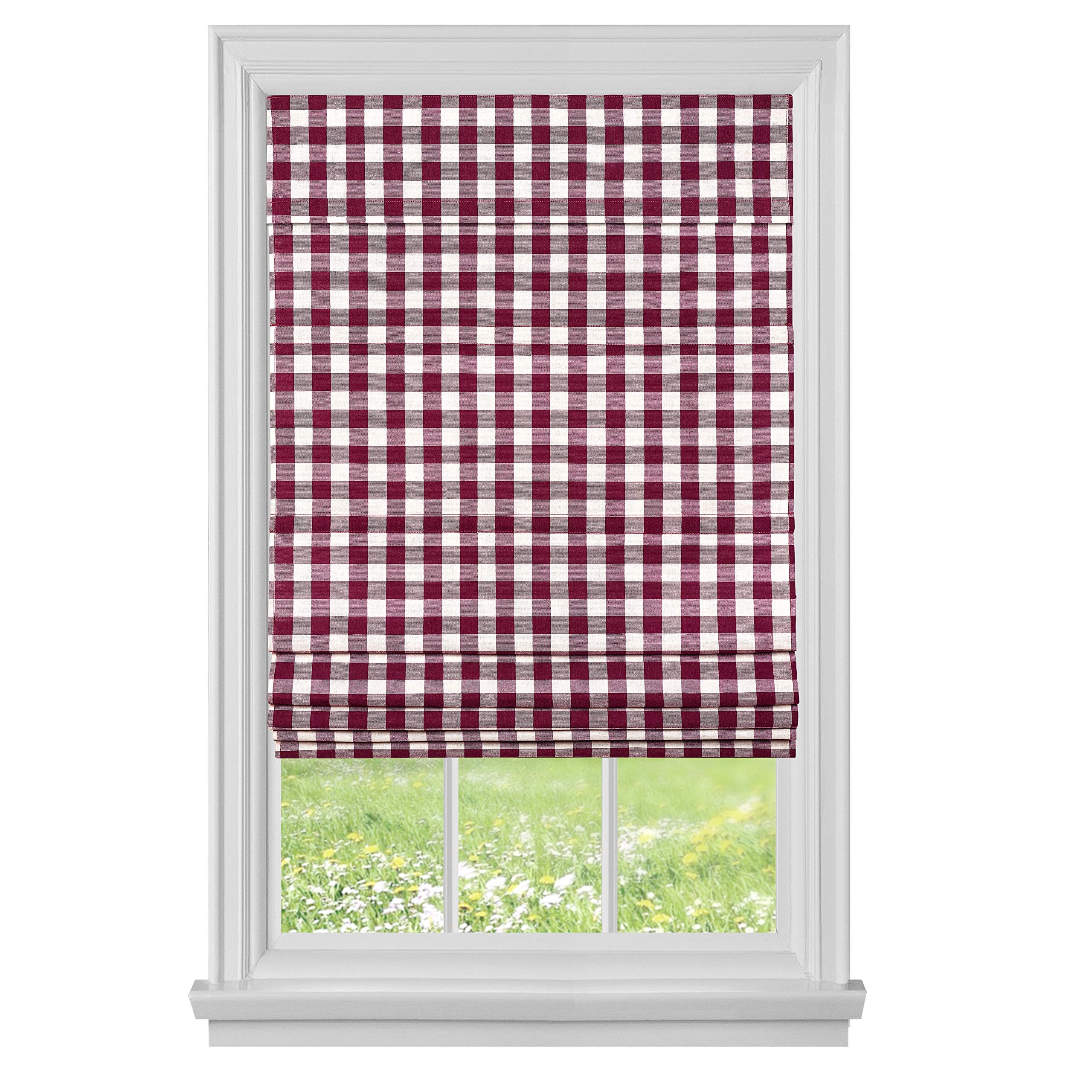 Cordless Buffalo Check Roman Shade - 29 Inch Width x 64 Inch Length - Burgundy