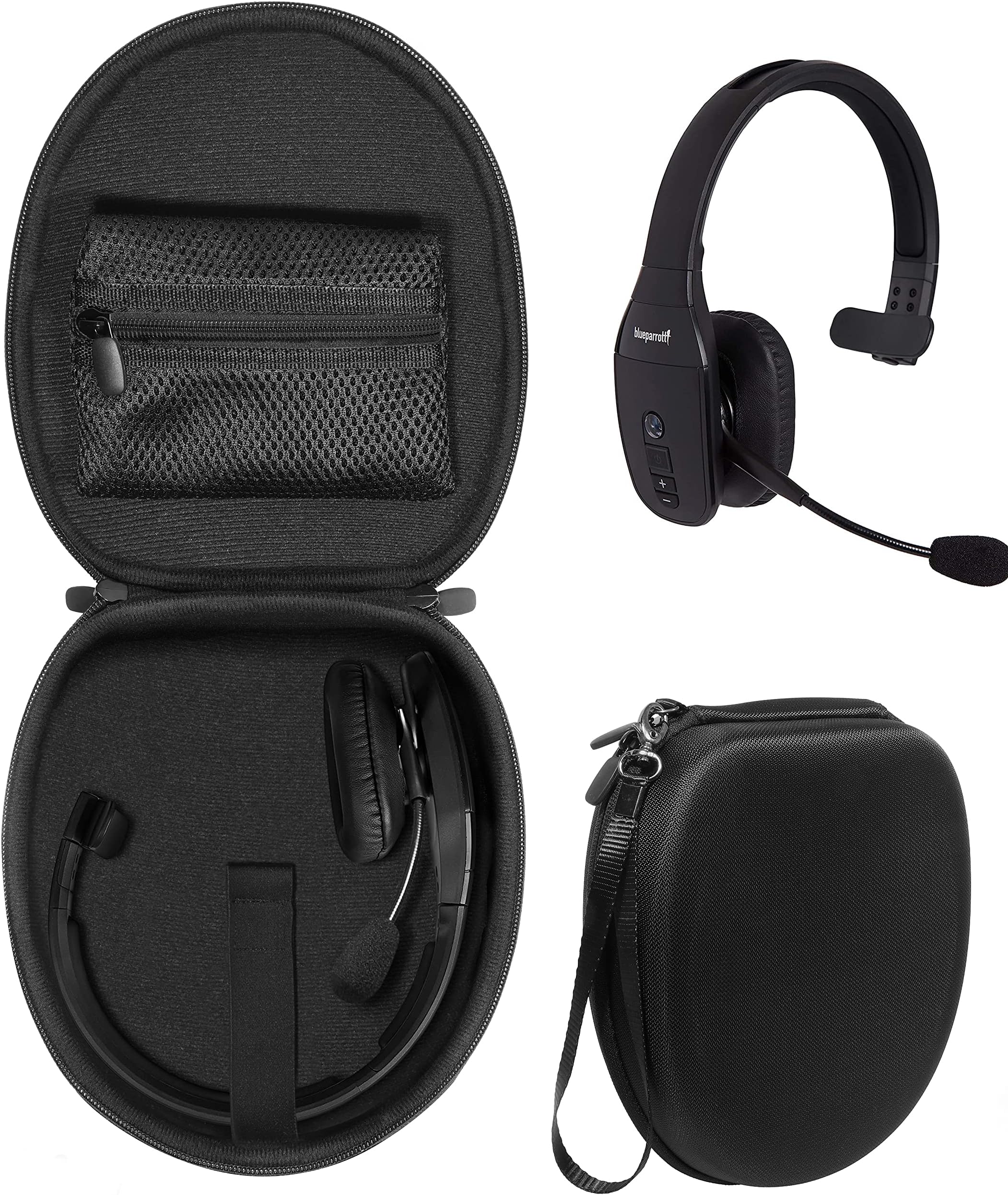 Headset Case for VXI BlueParrott B450-XT, B450-XT -204010-C, B350-XT, B250-XTS, C400-XT, Mesh Pocket for Cable, Amplifier and Other Accessories, Detachable Wrist Strap (Black)