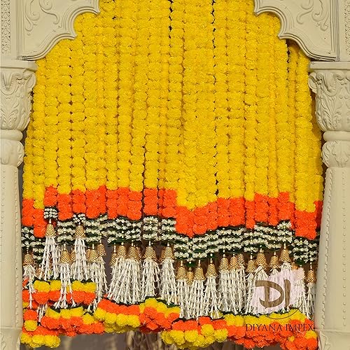 Vista 6 de Guirnalda de caléndula para decoración de flores artificiales de caléndula de 5 pies de largo, 2 unidades, decoraciones de Navidad india para Pooja