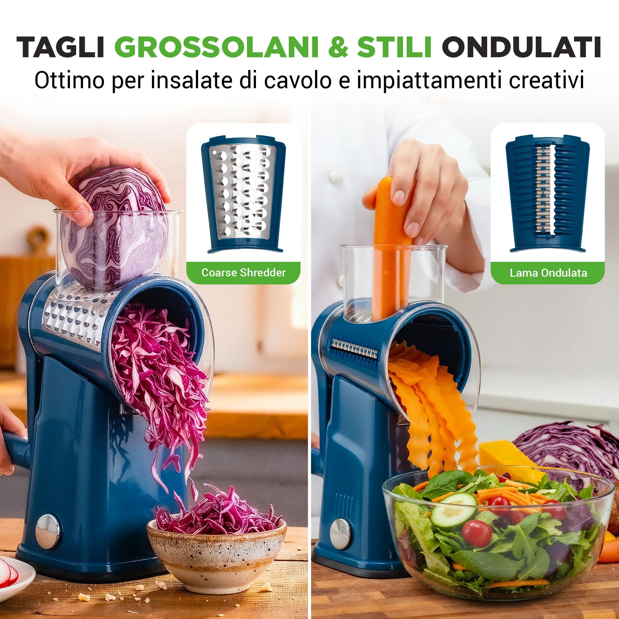 NutriChef Mandolina per Verdure 5 in 1 e Grattugia Formaggio per Cucina, Affetta Verdure con 5 Lame Intercambiabili, Manovella, Base a Ventosa e Contenitore, Accessori Cucina, Blu