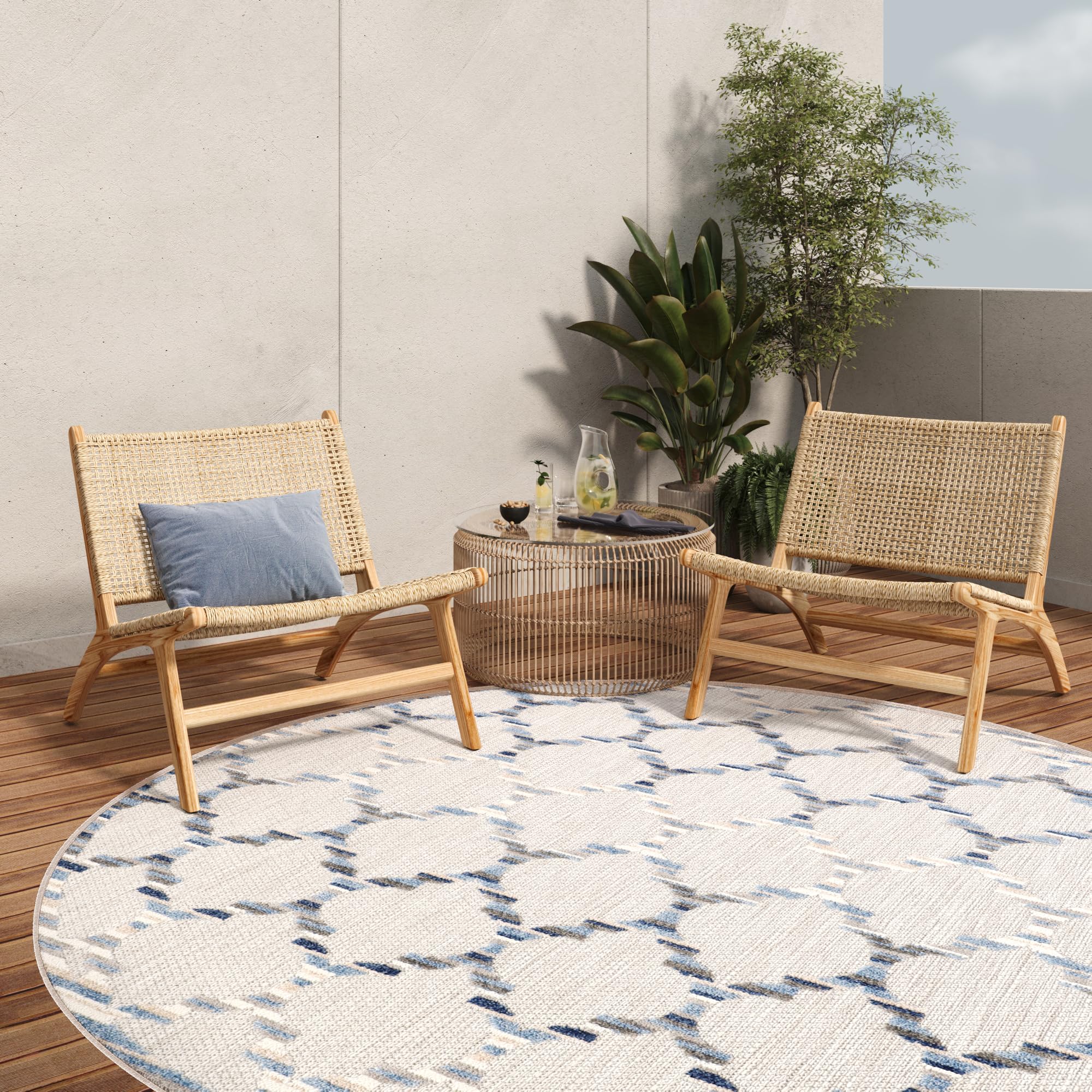 TAPISO Patio Rund Teppich Indoor Outdoor Grau Beige Blau Marokkanisch Design Sisaloptik Wetterfest UV-beständig Terrasse Wohnzimmer ÖKO-TEX 120 x 120 cm